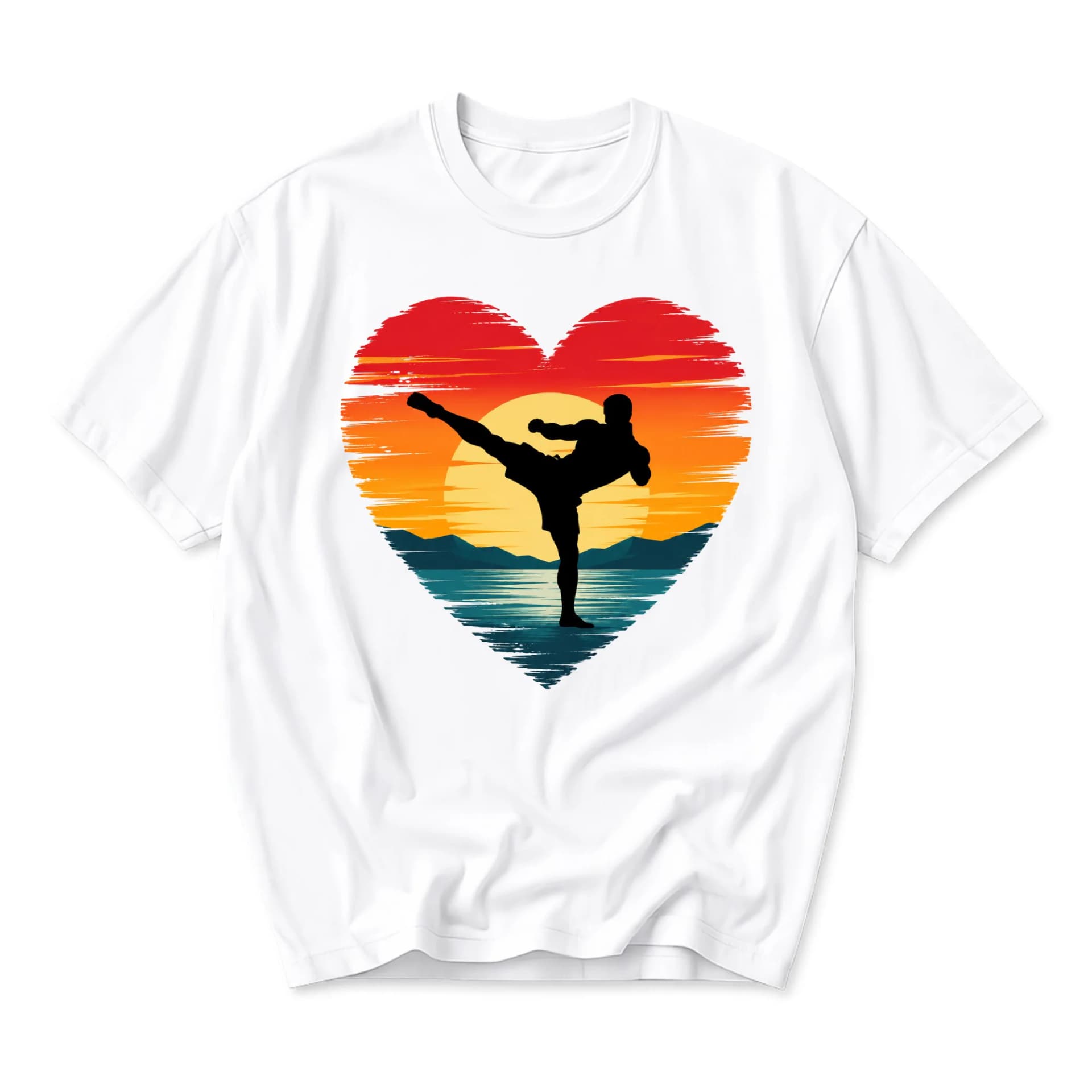 Graphic Tee Martial Arts Sunset Heart Print Unisex Cotton Crew Neck Short Sleeve Casual Everyday Sporty Shirt