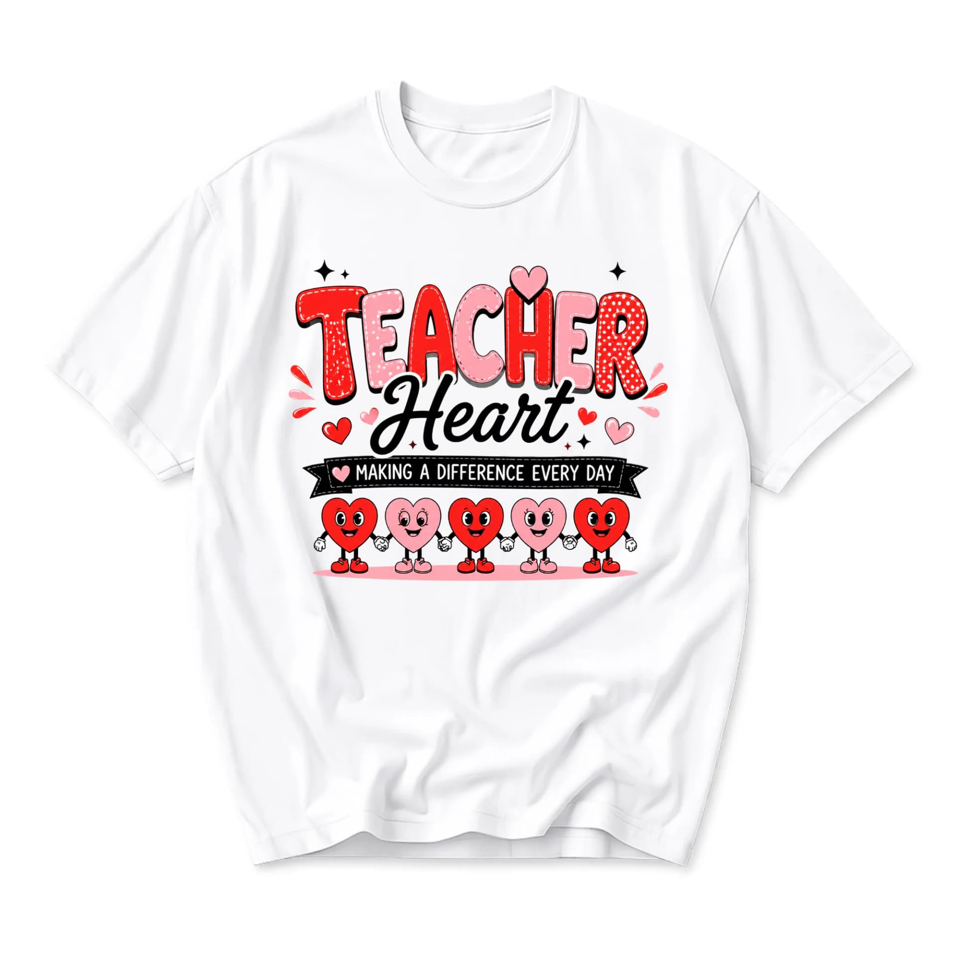 Graphic Tee Teacher Heart Making a Difference Every Day Unisex Casual Short Sleeve Crew Neck Cotton Blend Shirt White