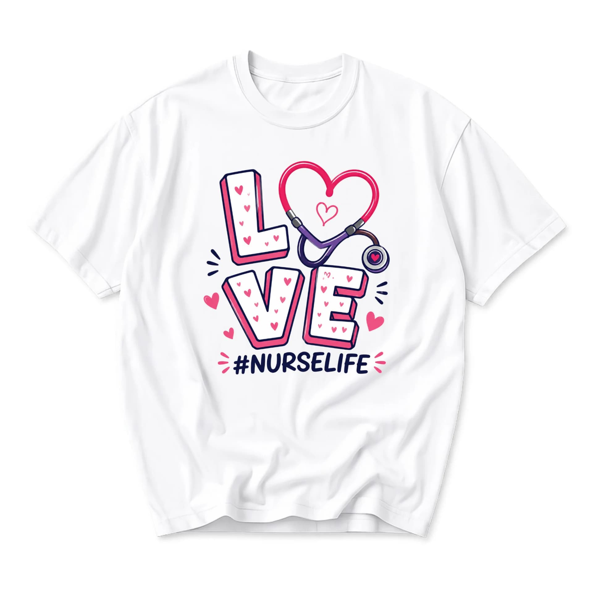 Graphic Tee Love Stethoscope Nurse Life Print Unisex Crew Neck Shirt for Casual Everyday Wear and Medical Professionals