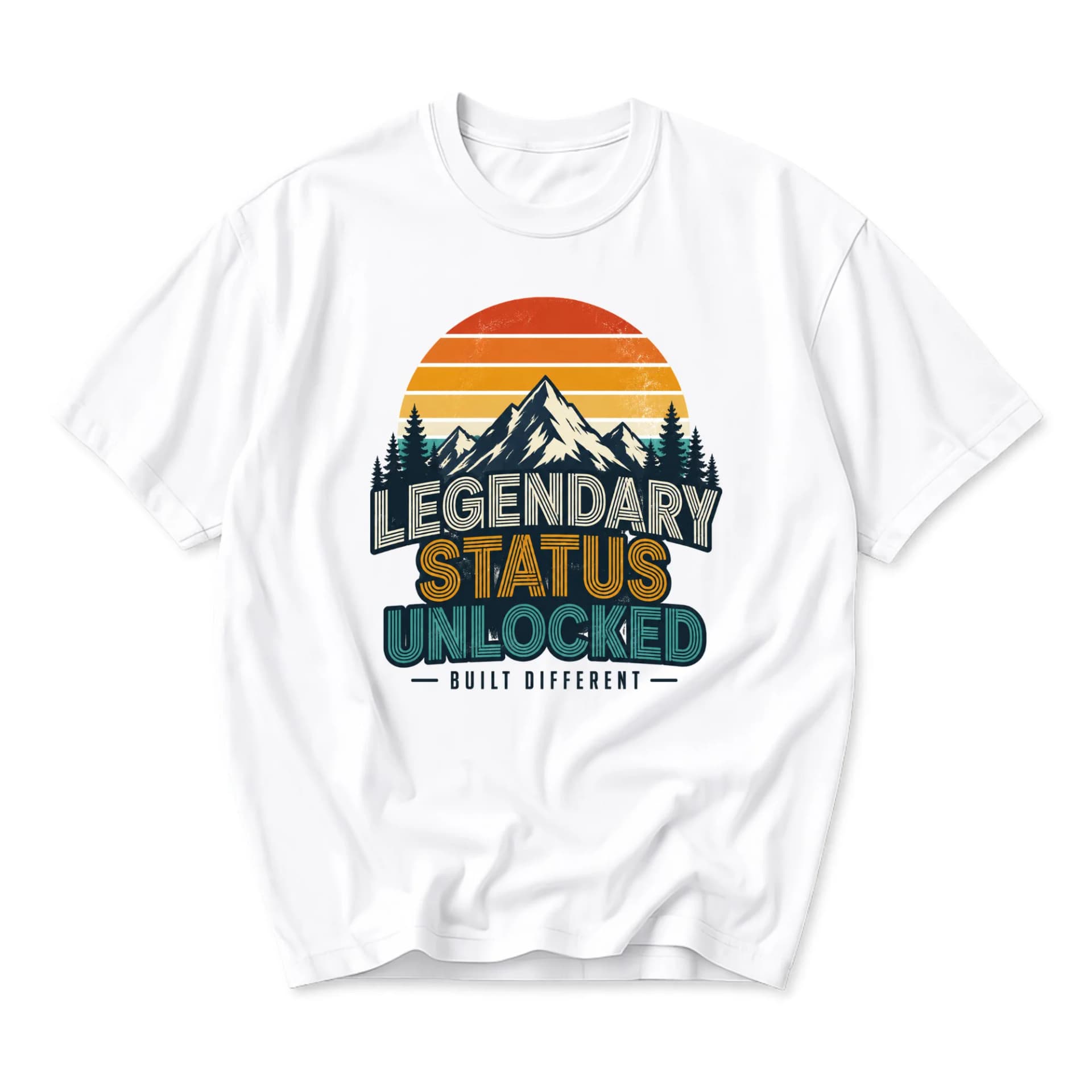 Graphic Tee Legendary Status Unlocked Built Different Shirt Retro Mountain Sunset Adventure Unisex Crew Neck Top