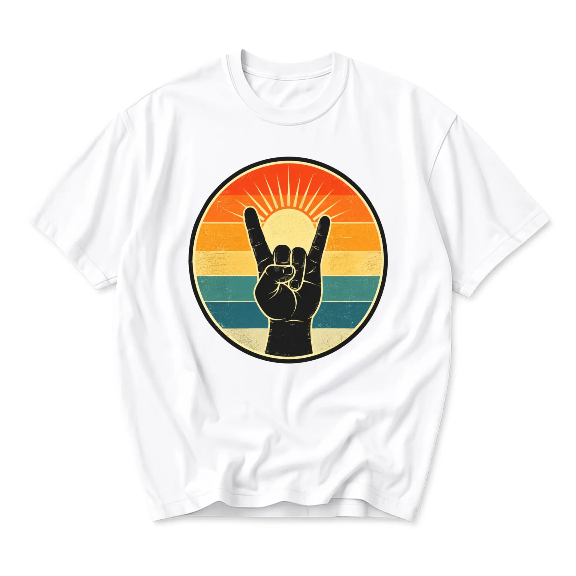 Graphic Tee Unisex Rock Hand Gesture Retro Sunset Circle Design Casual Cotton Crew Neck Short Sleeve Shirt