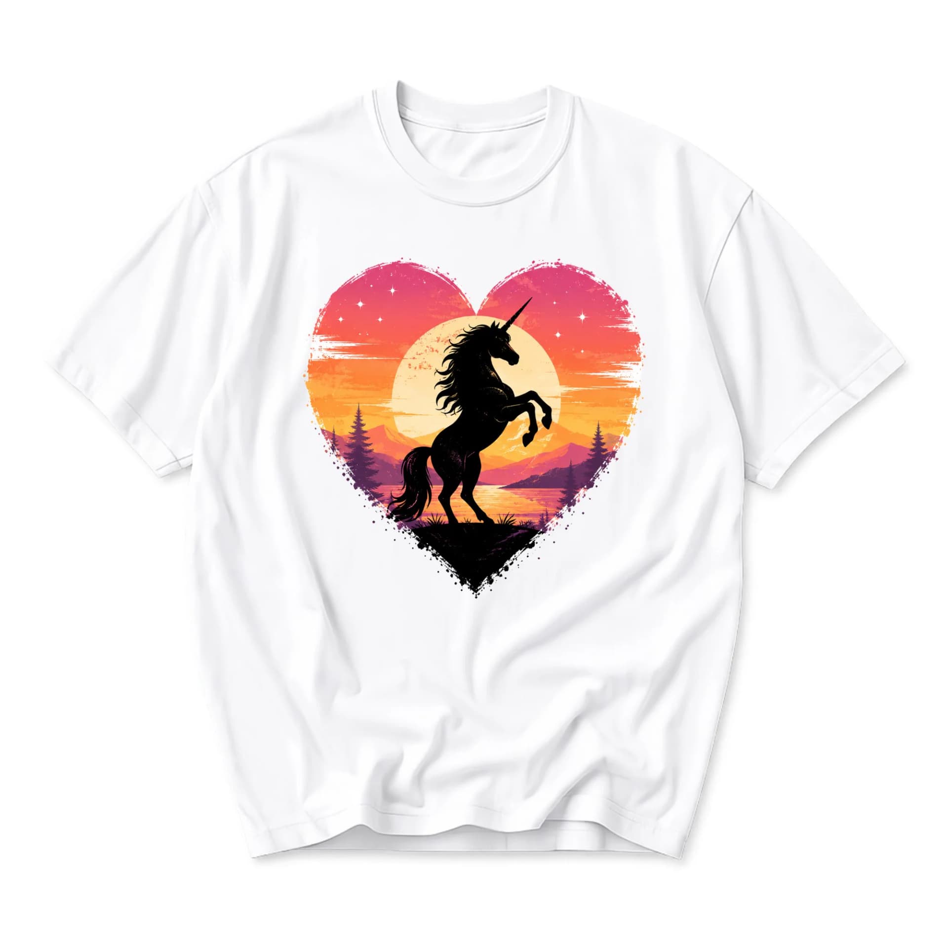 Graphic Tee Unisex Crew Neck T-Shirt Featuring Silhouette Unicorn in Heart Shaped Sunset Fantasy Illustration Design