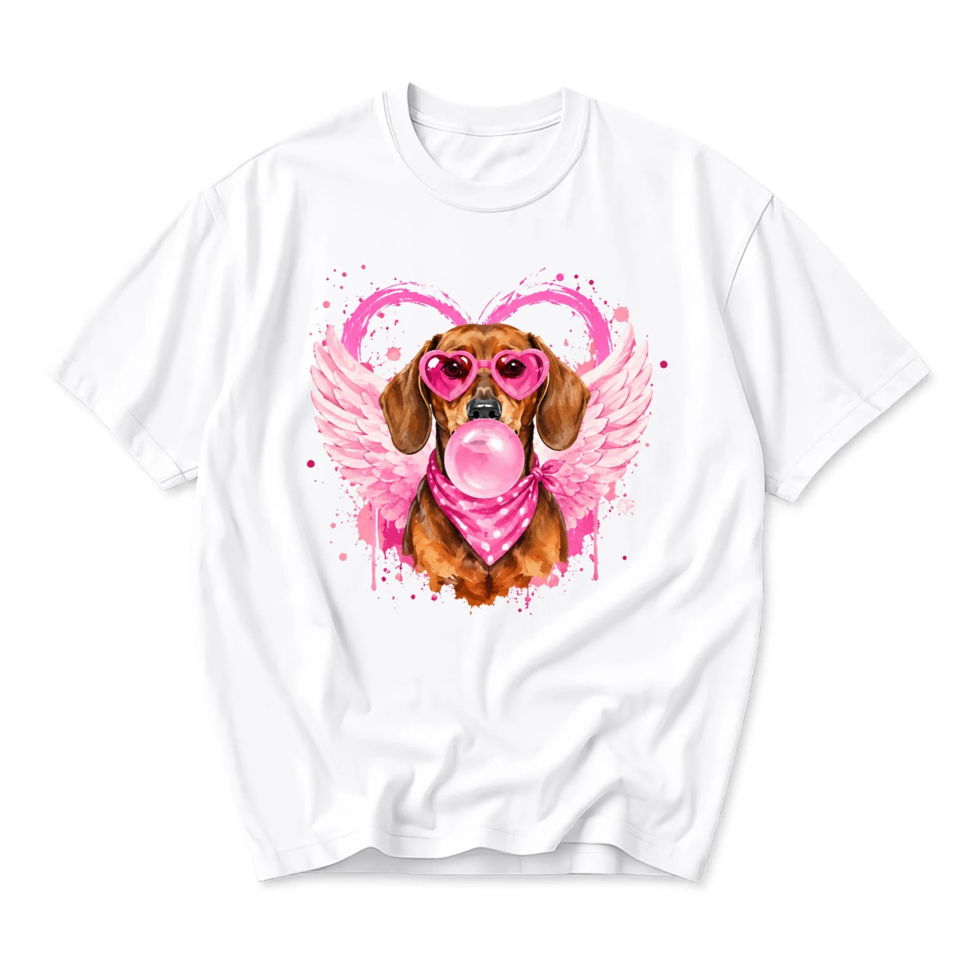 Graphic Tee Dachshund Dog Wearing Heart Sunglasses Blowing Pink Bubblegum Print Unisex Cotton Crew Neck Casual Shirt
