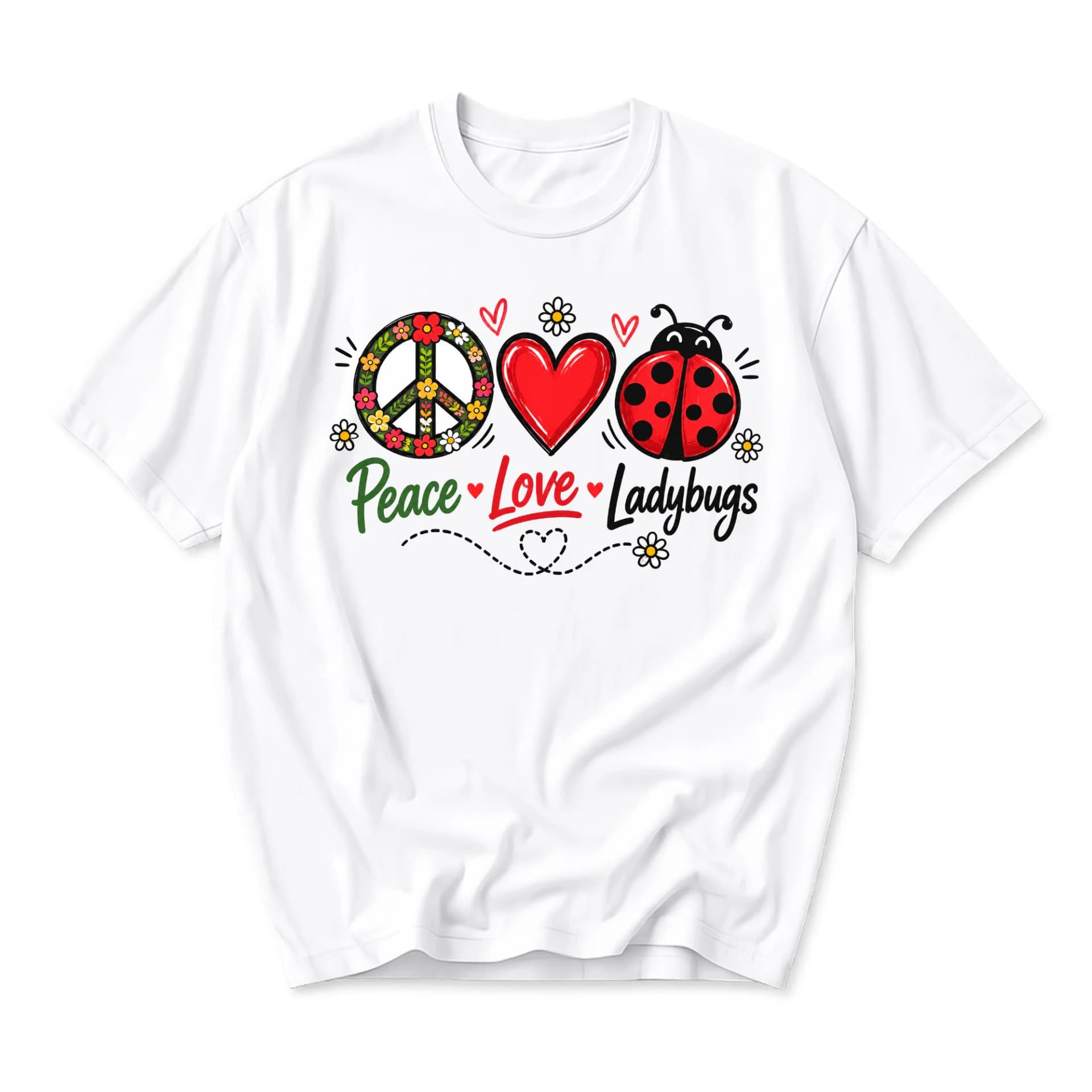 Graphic Tee Peace Love Ladybugs Shirt Unisex Cotton Crew Neck Casual Short Sleeve Apparel for Everyday Outfits White