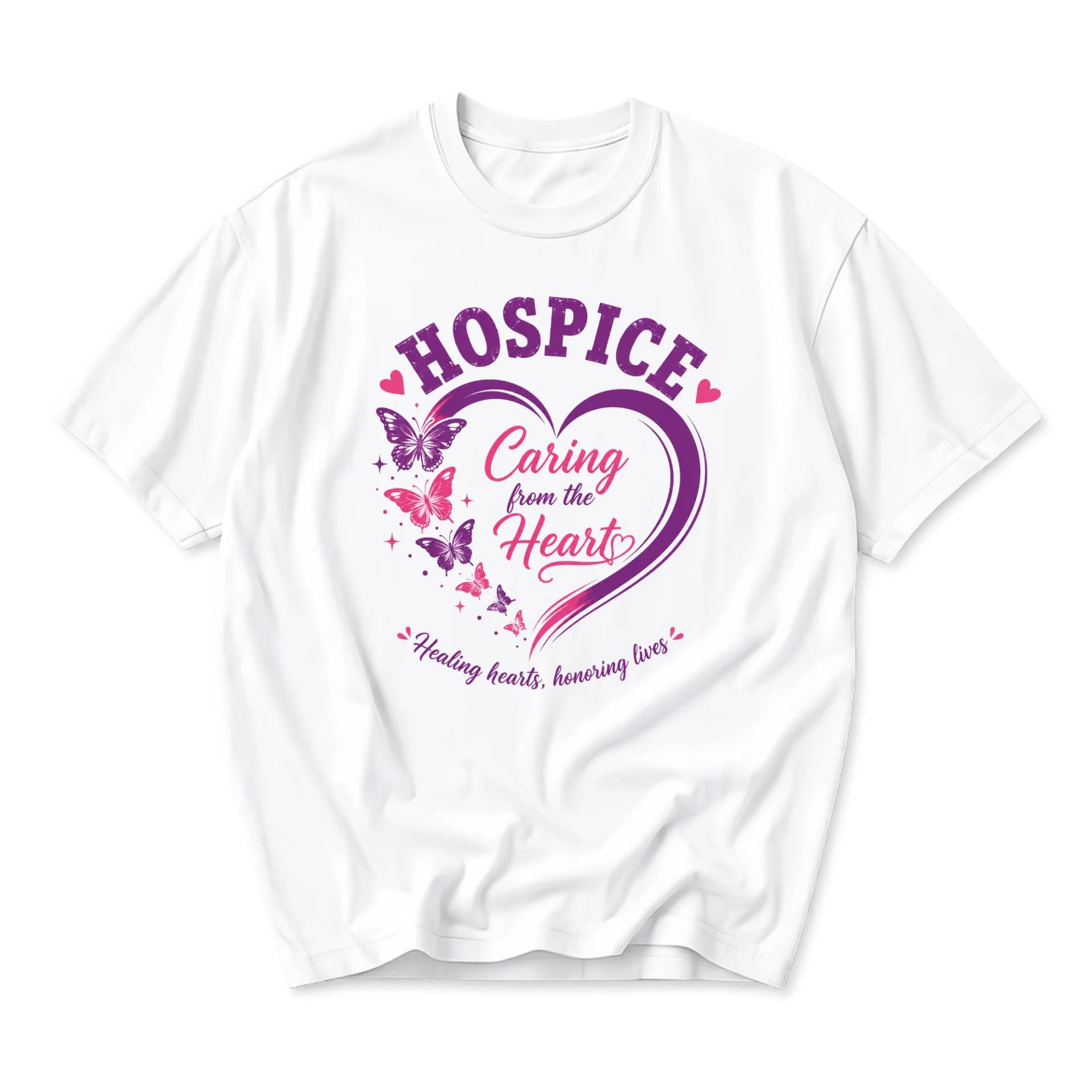 Graphic Tee Hospice Care Heart and Butterfly Design Unisex Crew Neck Short Sleeve Casual Comfort Apparel