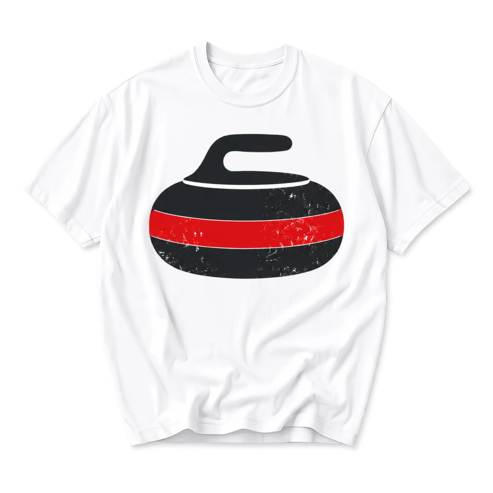 Graphic Tee Unisex Crew Neck T-Shirt Featuring Distressed Curling Stone Illustration for Sport Enthusiasts