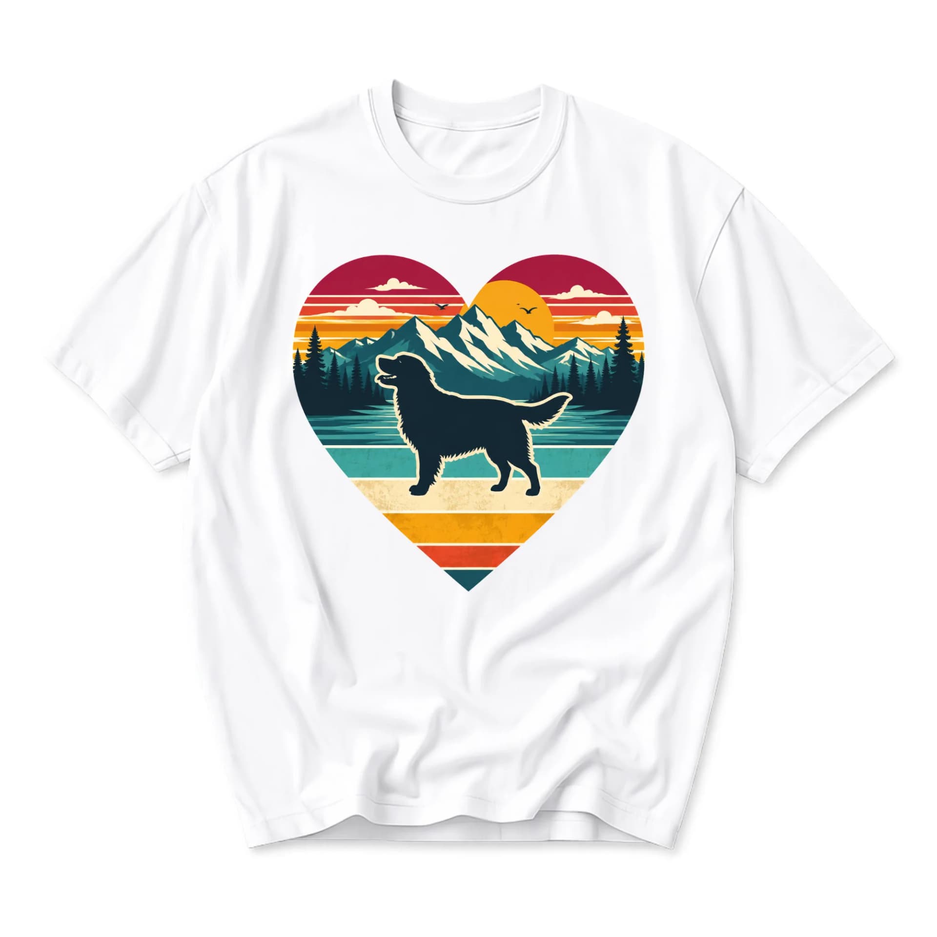 Graphic Tee Golden Retriever Mountain Sunset Heart Design Unisex Short Sleeve Crew Neck Cotton Casual Summer Shirt