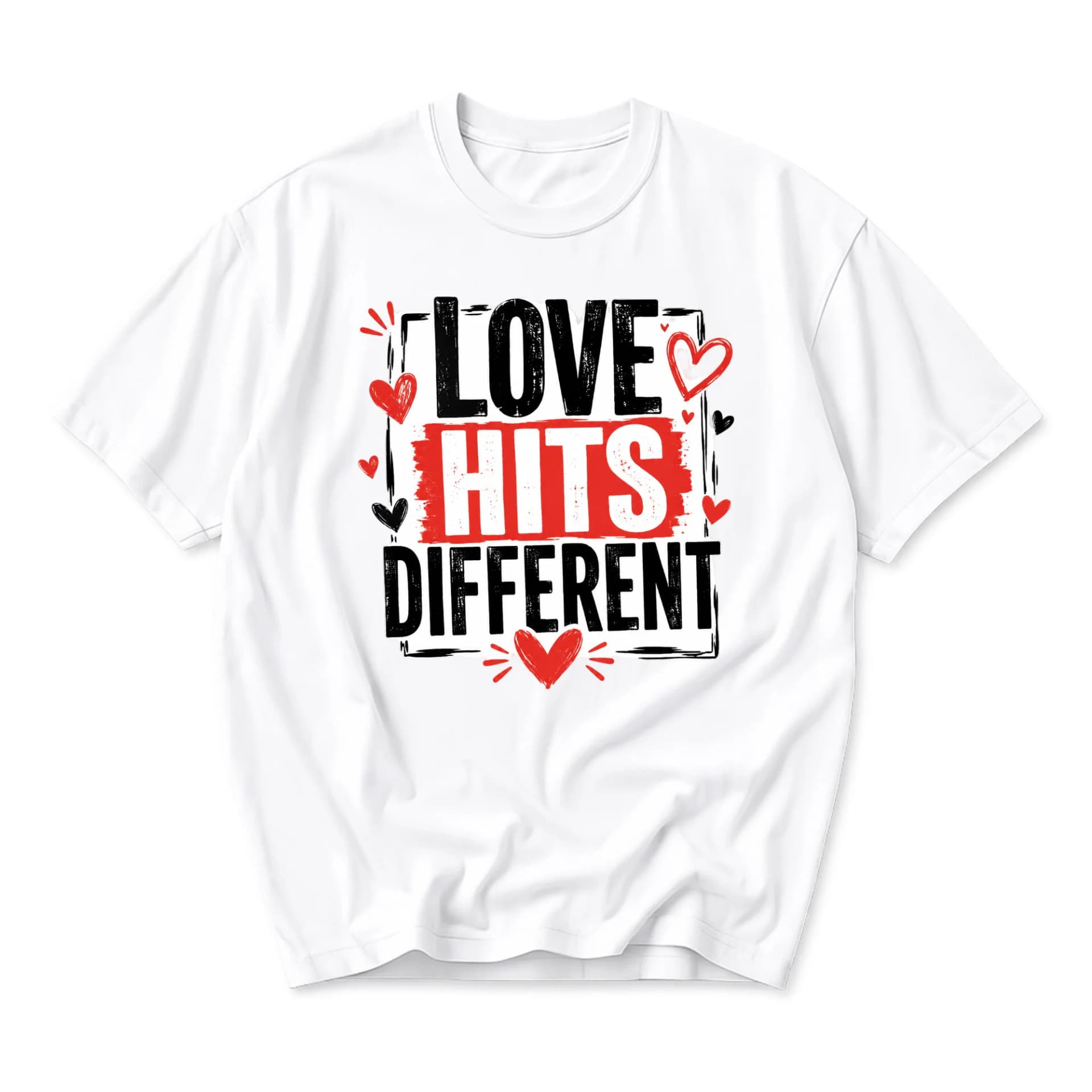 Graphic Tee Love Hits Different Unisex Casual Crew Neck T-Shirt Soft Cotton Blend Top for Everyday Wear and Expression