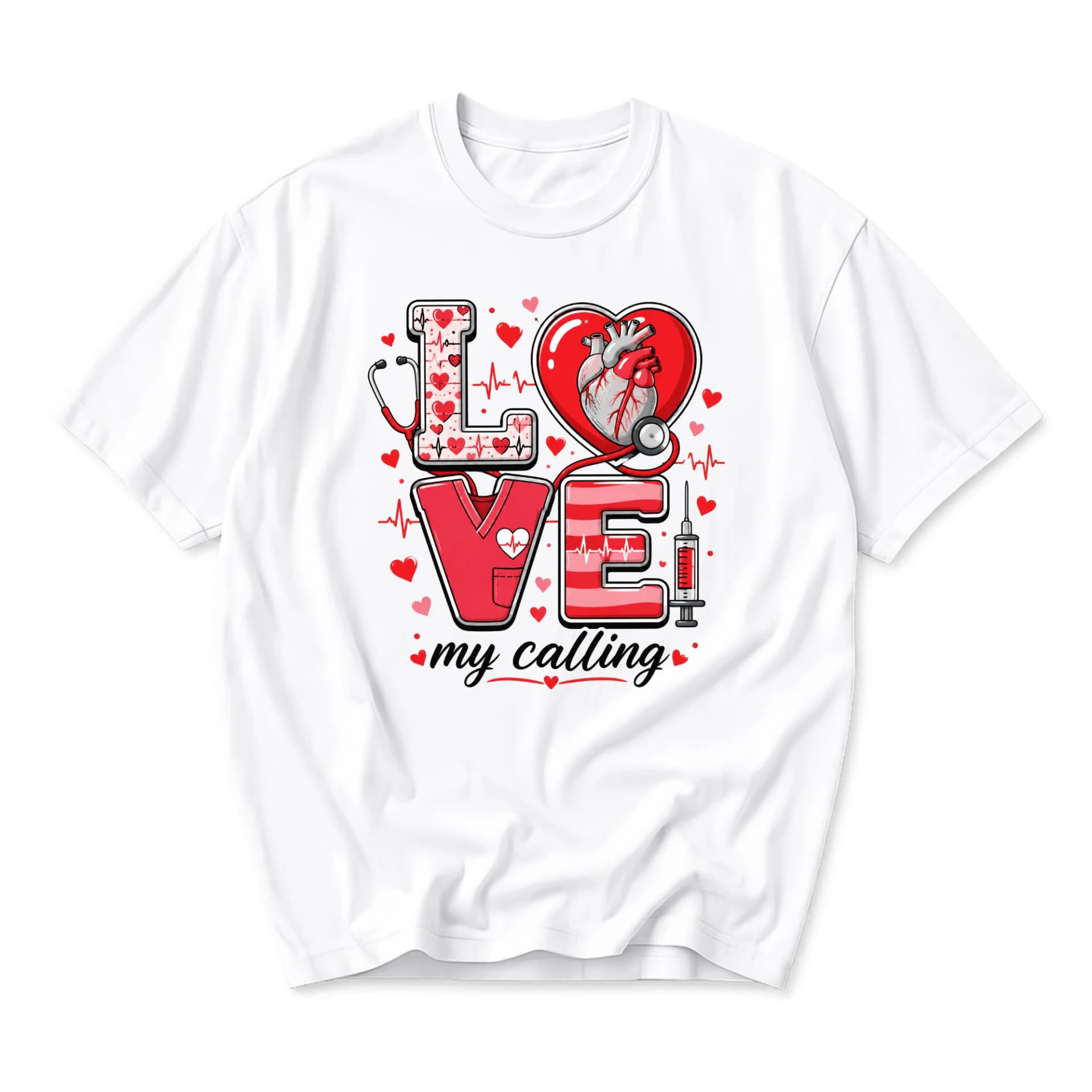 Graphic Tee Love My Calling Medical Heart Stethoscope Design Unisex Cotton Crew Neck Short Sleeve Shirt for Professionals