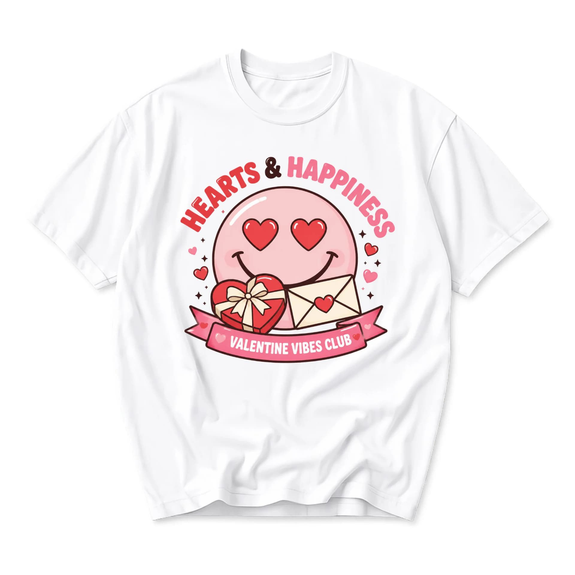 Graphic Tee Hearts and Happiness Valentine Vibes Club Smile Face Illustration Unisex Casual Crew Neck T-Shirt