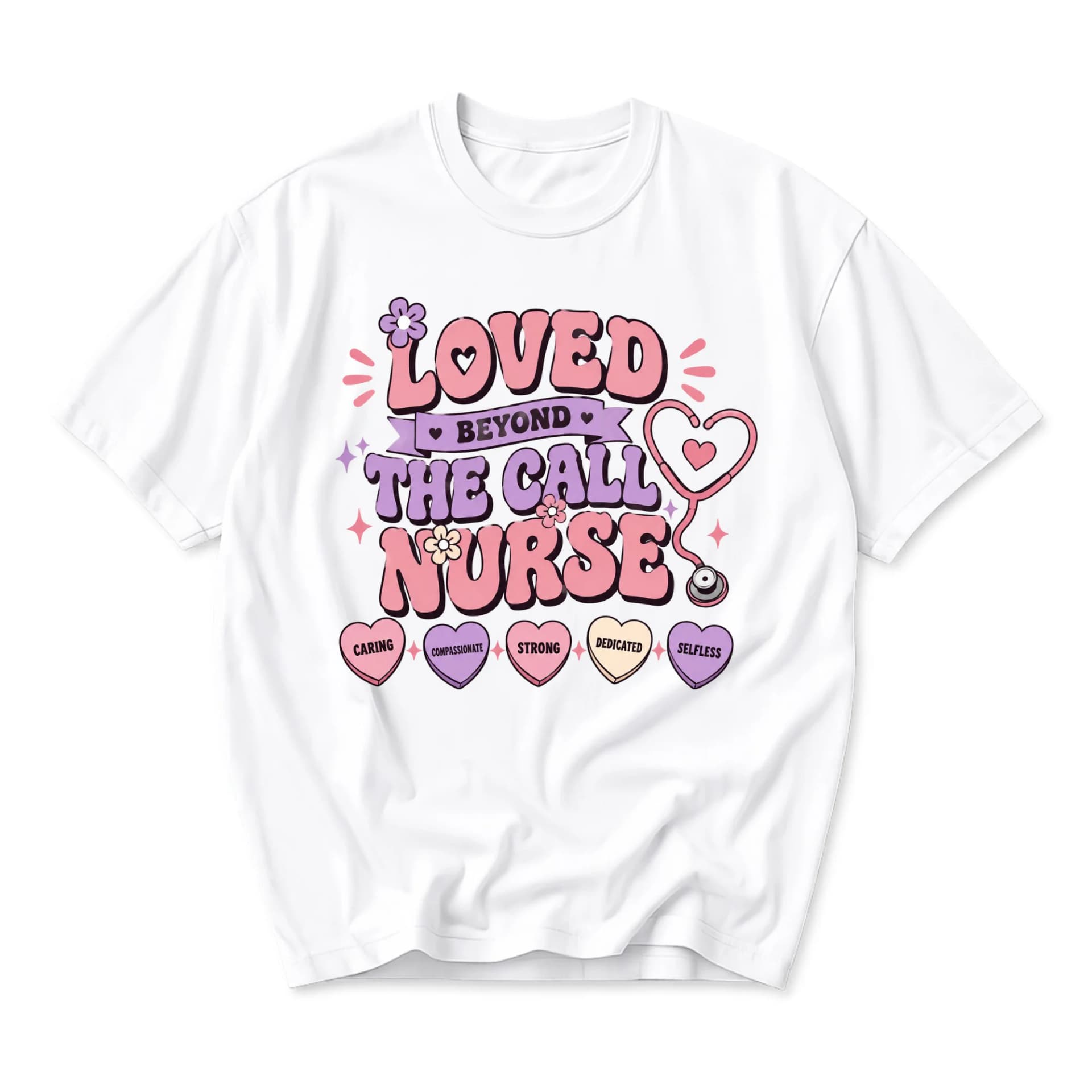 Graphic Tee Loved Beyond the Call Nurse Shirt Retro Nursing Heart Stethoscope Design Casual Unisex Cotton Crew Neck