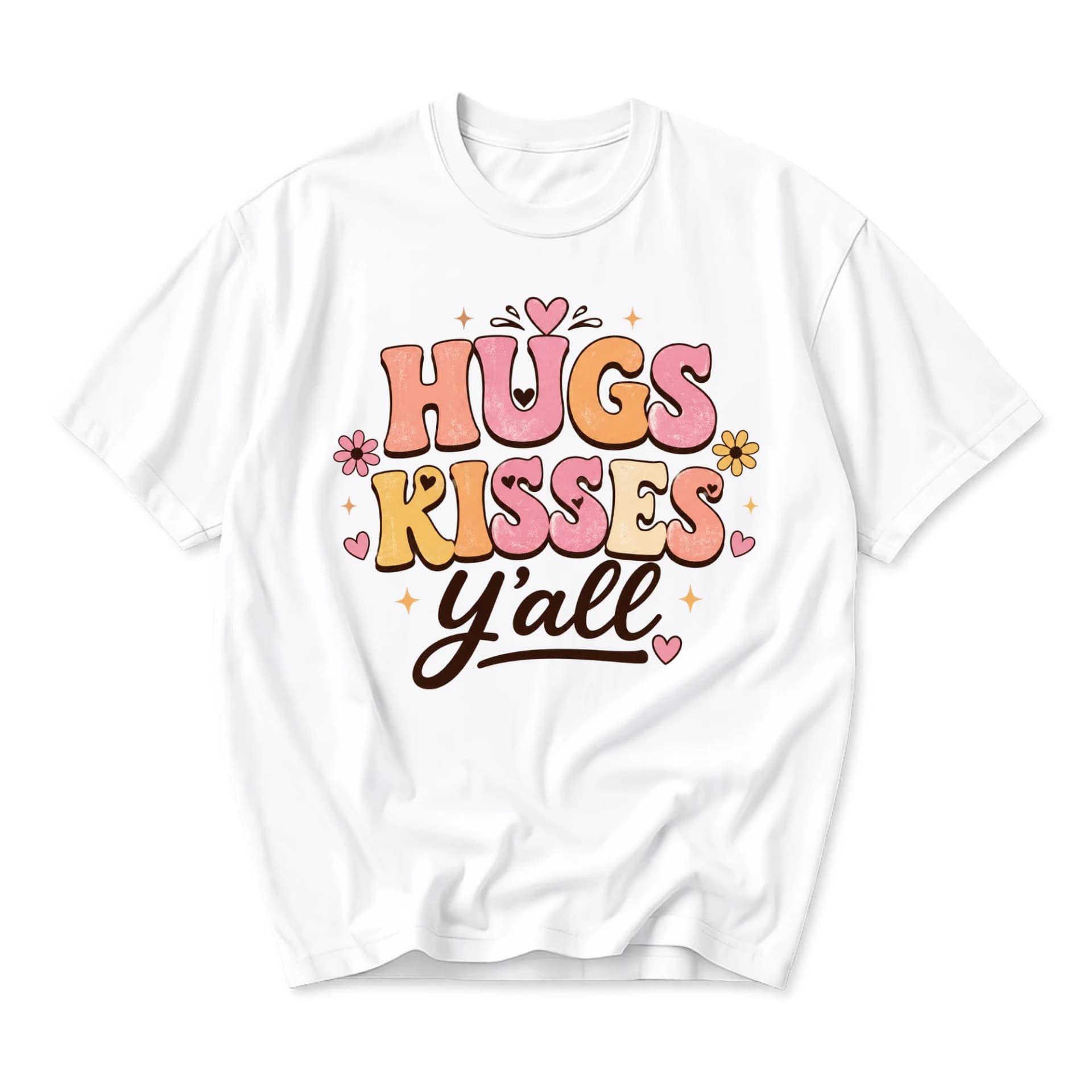 Graphic Tee Hugs Kisses Y'all Retro Aesthetic Unisex Crew Neck Shirt Casual Short Sleeve Summer Top Apparel White