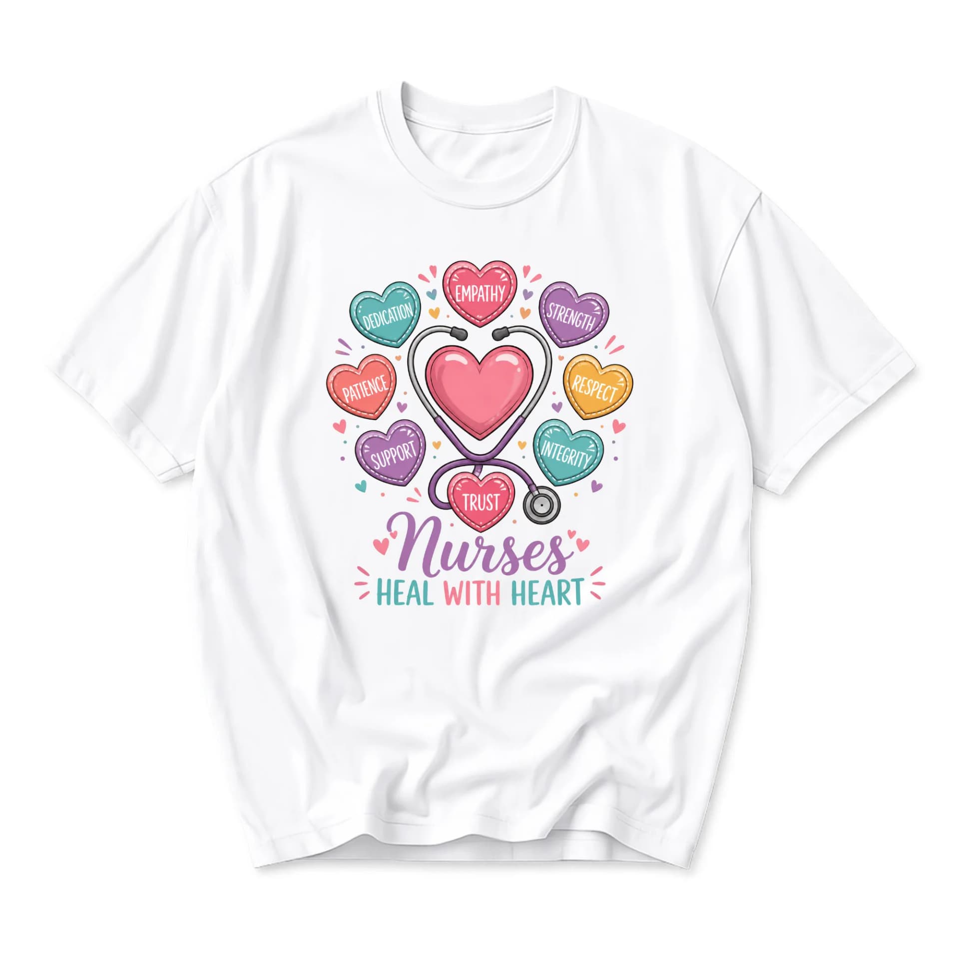 Graphic Tee Nurses Heal with Heart Design Unisex Cotton Crew Neck Casual Short Sleeve Apparel for Everyday Comfort