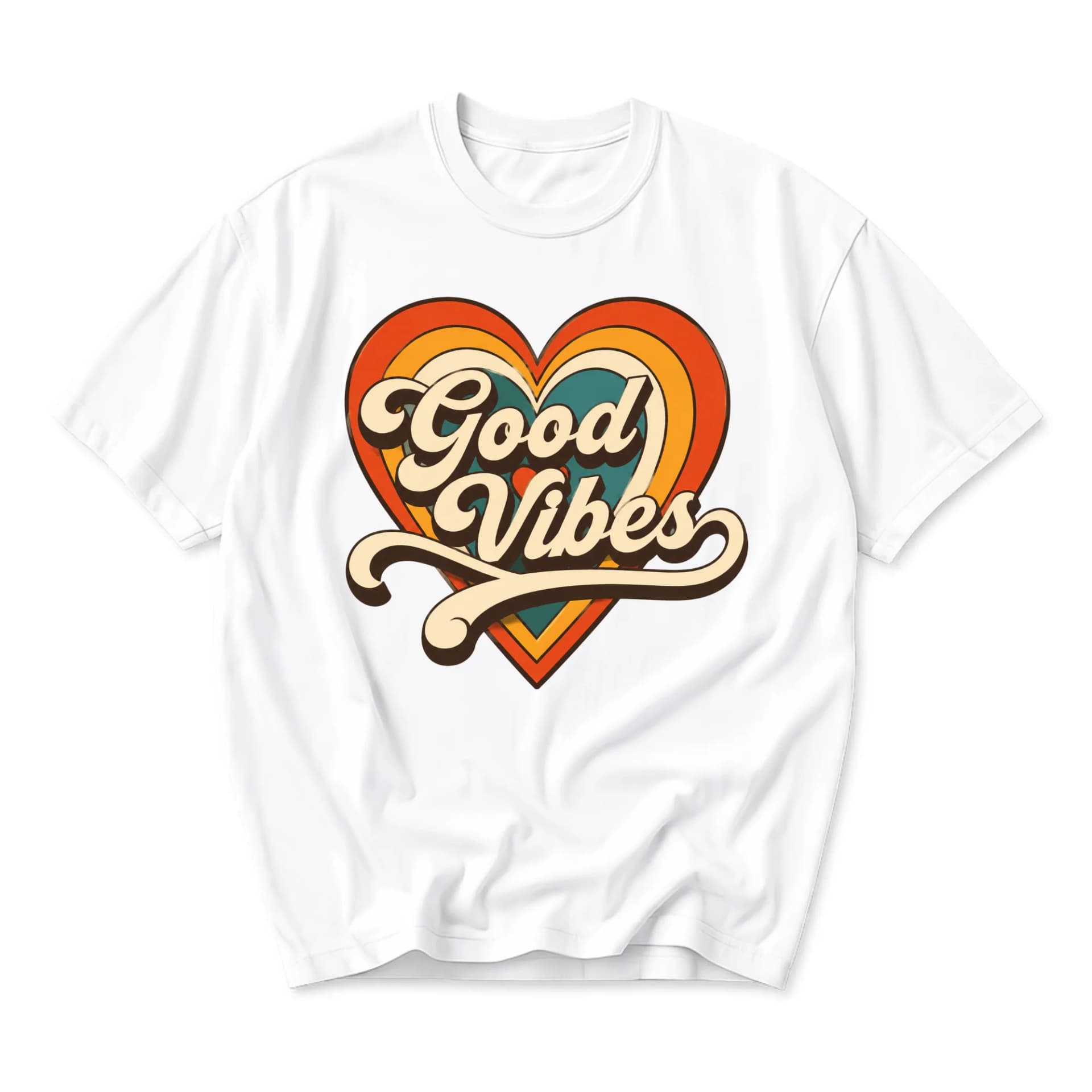 Graphic Tee Good Vibes Retro Heart Design Unisex Crew Neck Short Sleeve Shirt for Casual Everyday Wear and Self Expression