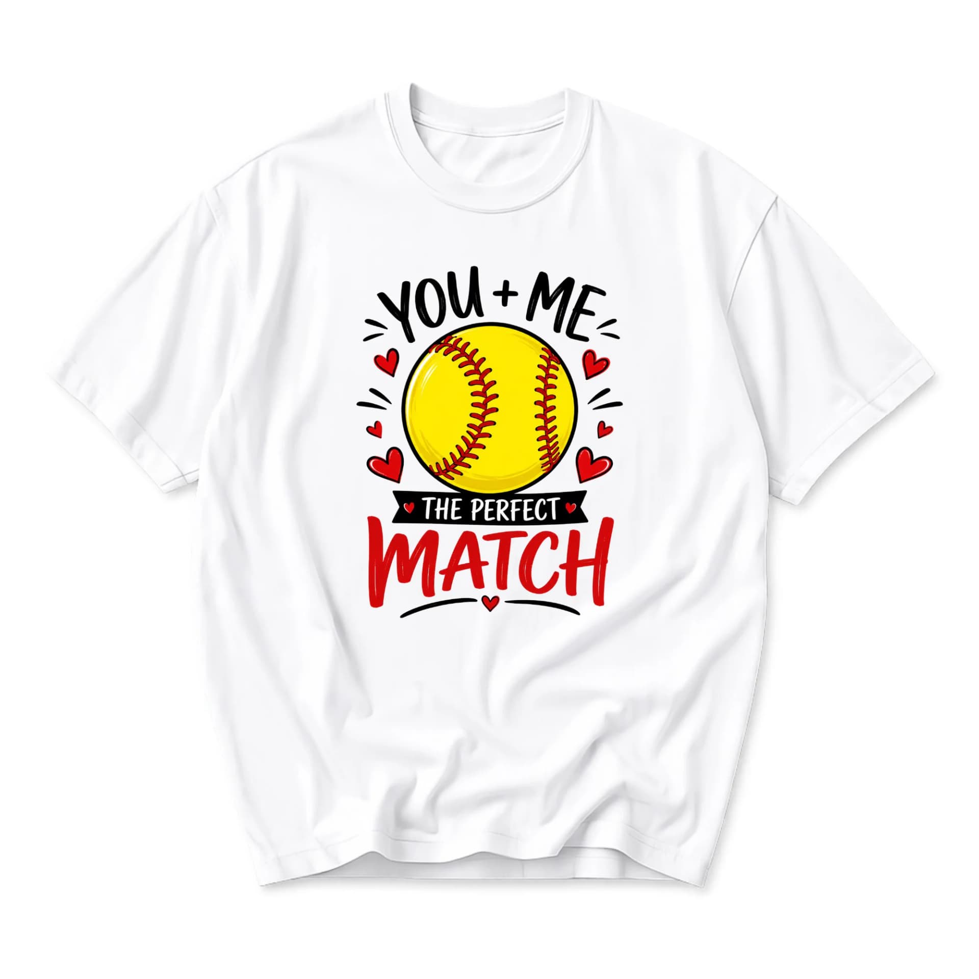 Graphic Tee You and Me the Perfect Match Softball Design Unisex Crew Neck Short Sleeve Casual Cotton Blend Shirt