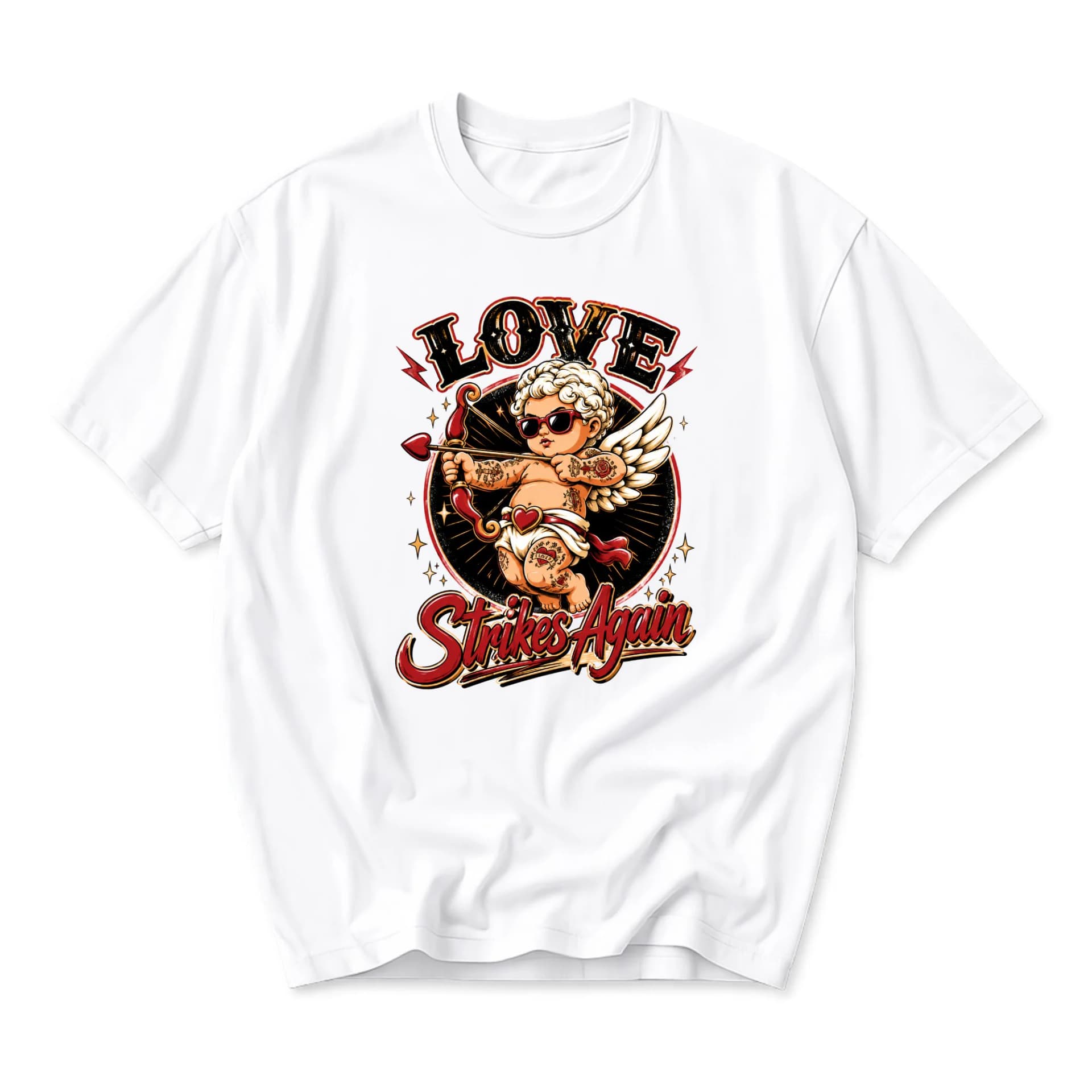 Graphic Tee Love Strikes Again Cupid T-Shirt Retro Tattoo Style Illustration Casual Unisex Cotton Crew Neck Top