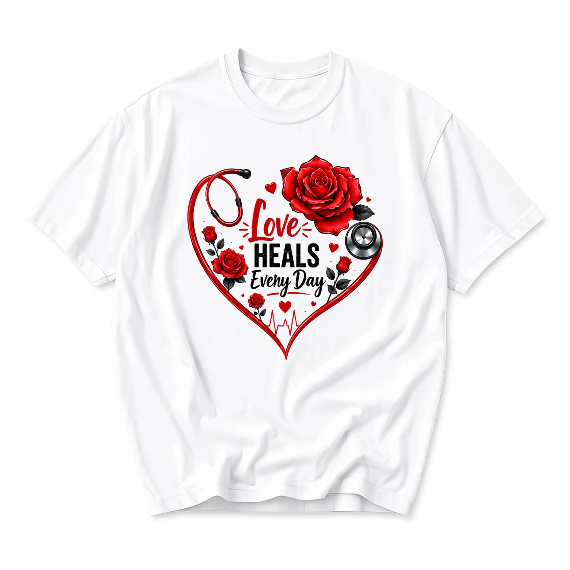 Graphic Tee Love Heals Every Day Floral Heart Stethoscope Print Unisex Cotton Crew Neck Short Sleeve Casual T-Shirt