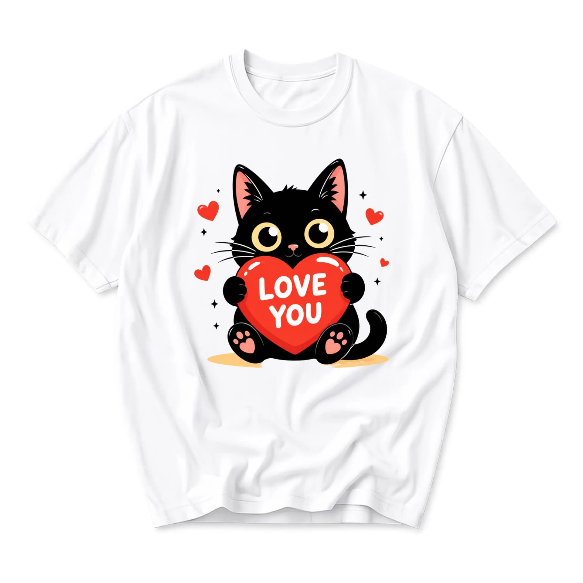 Graphic Tee Unisex Black Cat Holding a Red Heart Love You Illustration Comfortable Soft Cotton Everyday Casual Wear