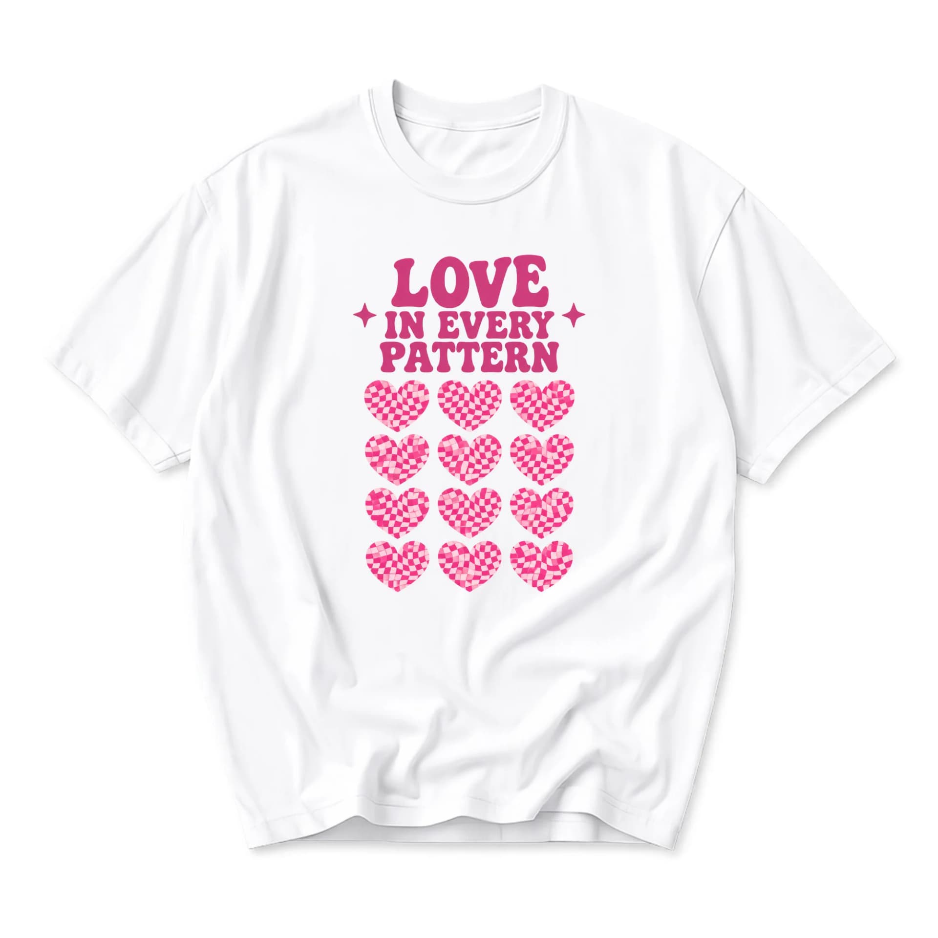 Graphic Tee Love in Every Pattern Pink Checkerboard Hearts Print Unisex Casual Short Sleeve Crew Neck Cotton Shirt
