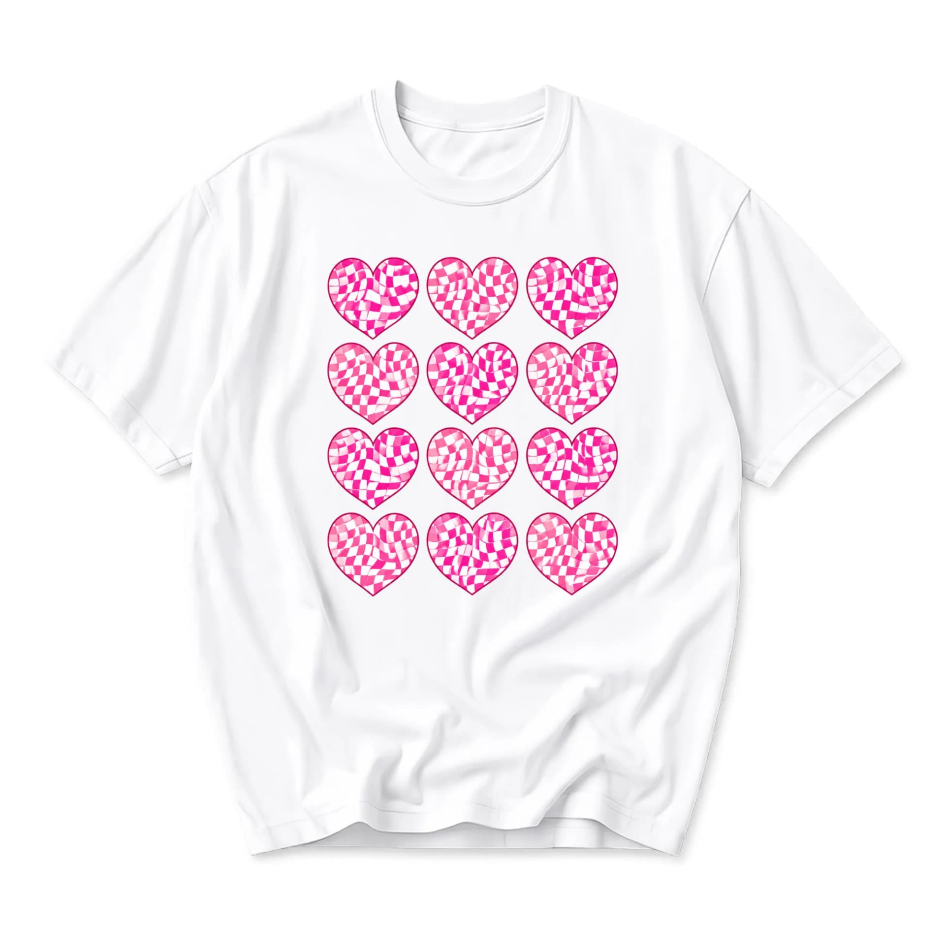 Graphic Tee Unisex Heart Pattern T-Shirt with Trendy Checkerboard Print Modern Fashion Casual Wear for Everyday Style