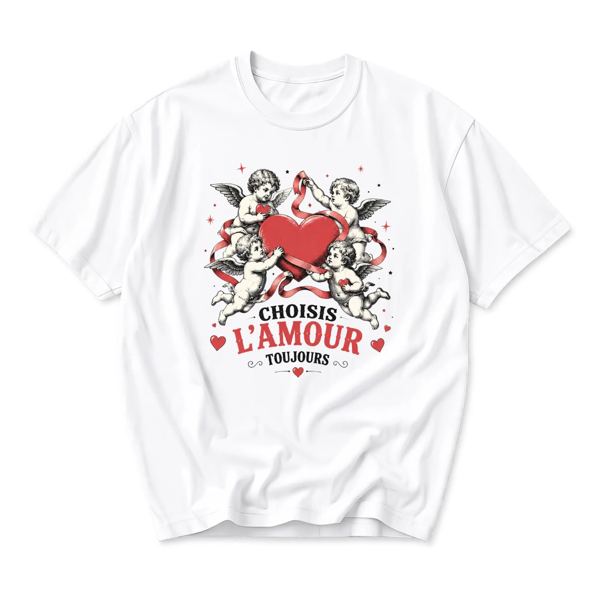 Graphic Tee Unisex Cupid Heart Print Shirt French Quote Choisis L'amour Toujours Casual Short Sleeve Top White