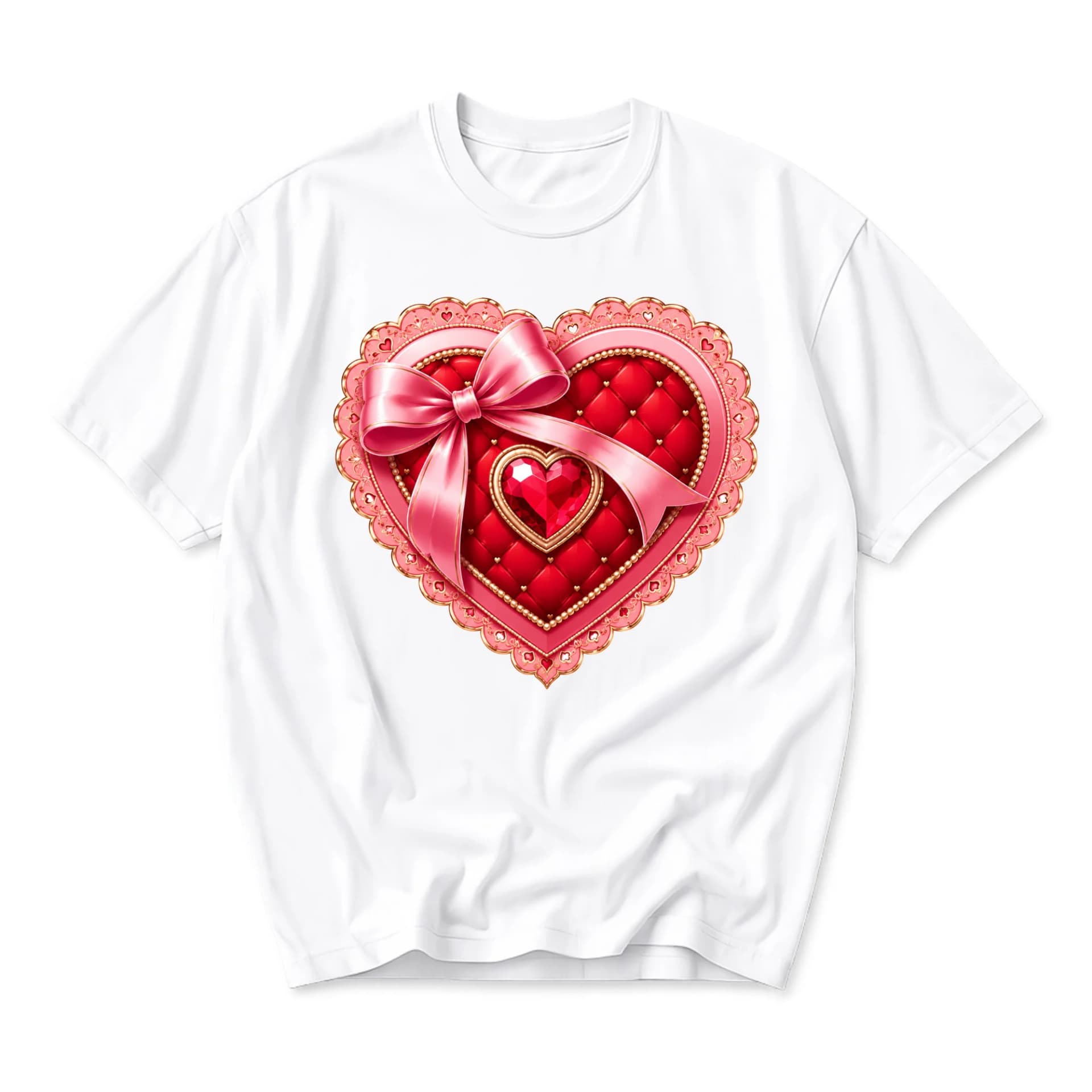 Graphic Tee Heart Motif T-Shirt Featuring Ornate Quilted Red Heart with Pink Ribbon Bow Design for Casual Daily Wear