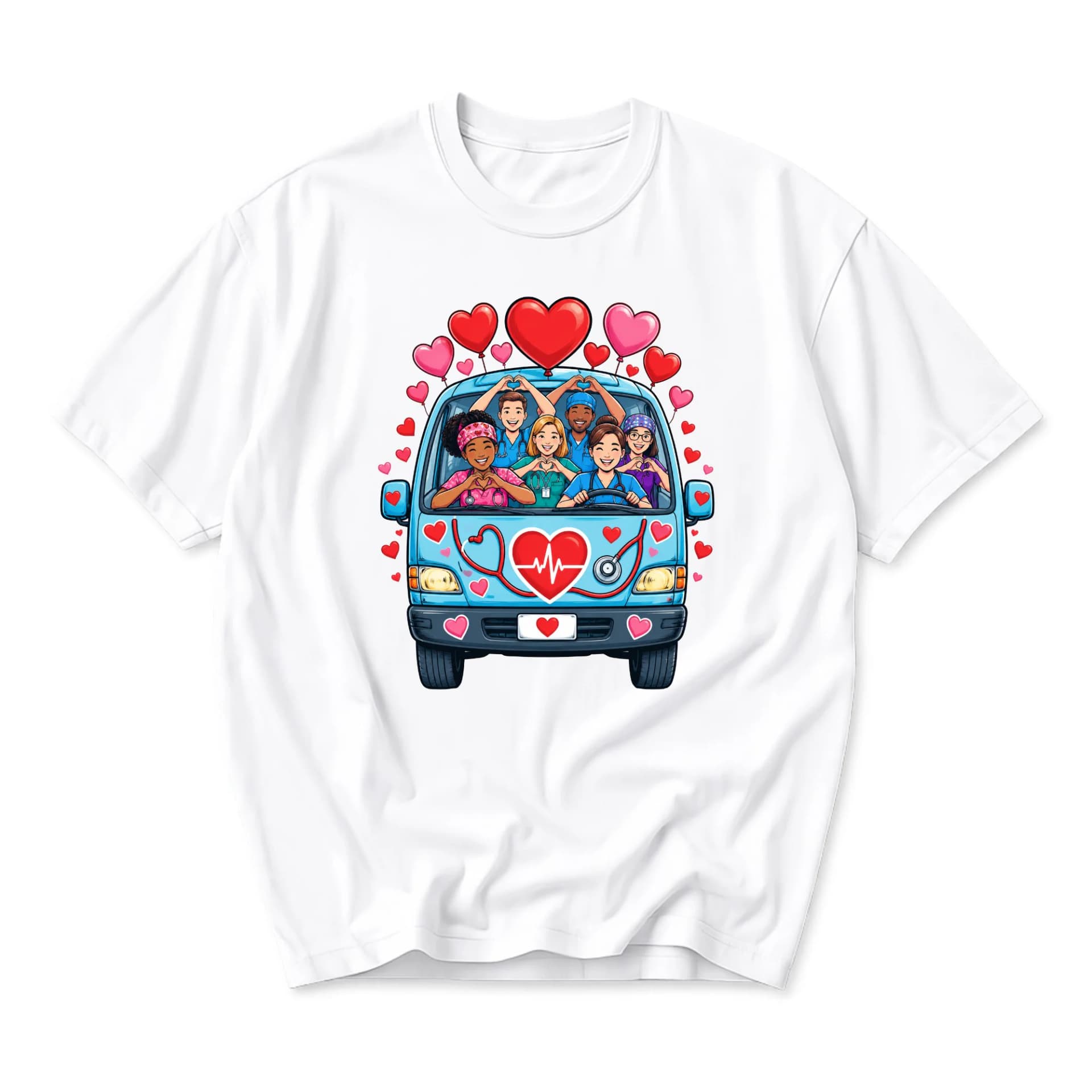 T-shirt Graphic Tee Featuring Healthcare Workers in a Medical Van with Heart Accents for Everyday Casual Comfort