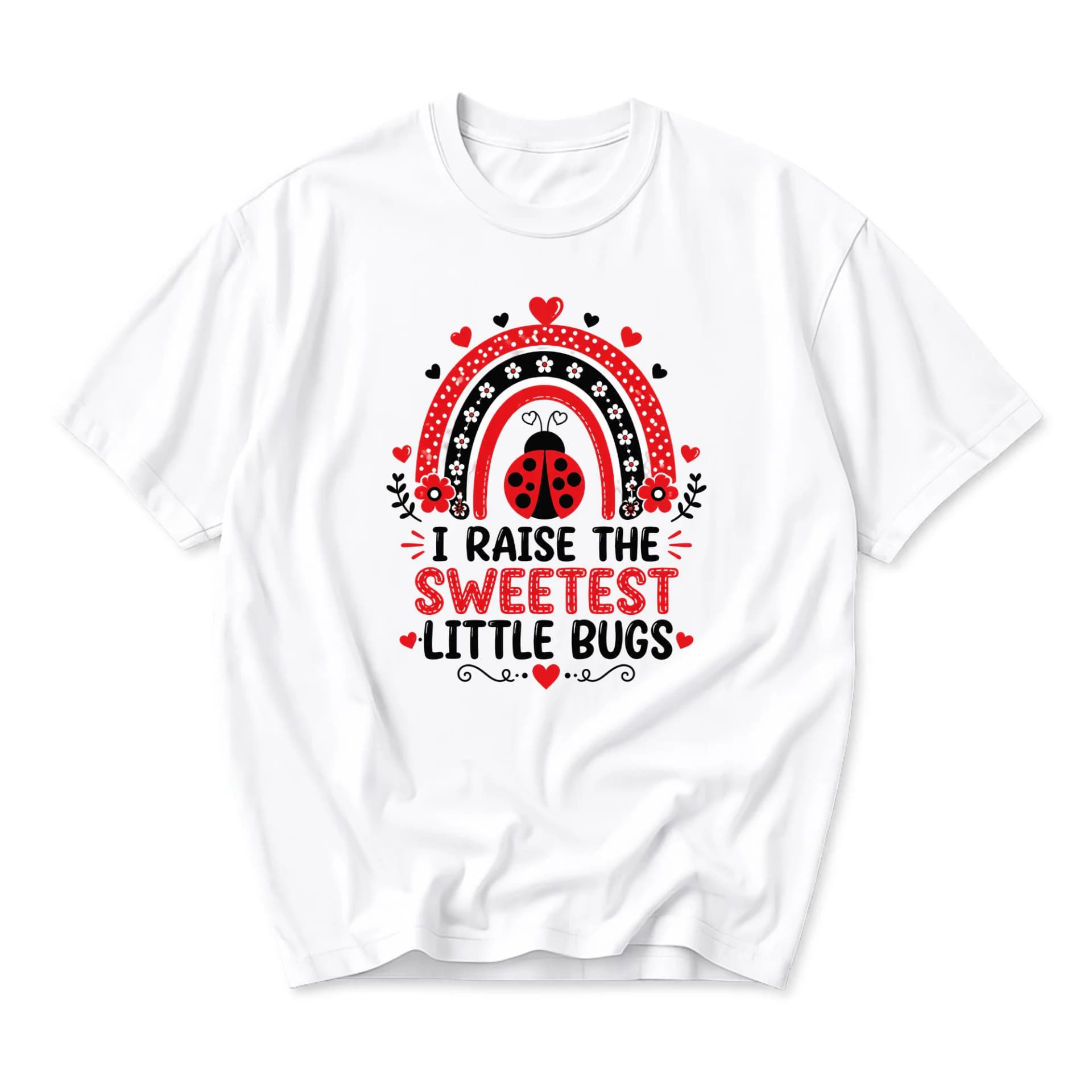 Graphic Tee I Raise the Sweetest Little Bugs Ladybug Rainbow Design Unisex Crew Neck Short Sleeve Cotton Casual Shirt