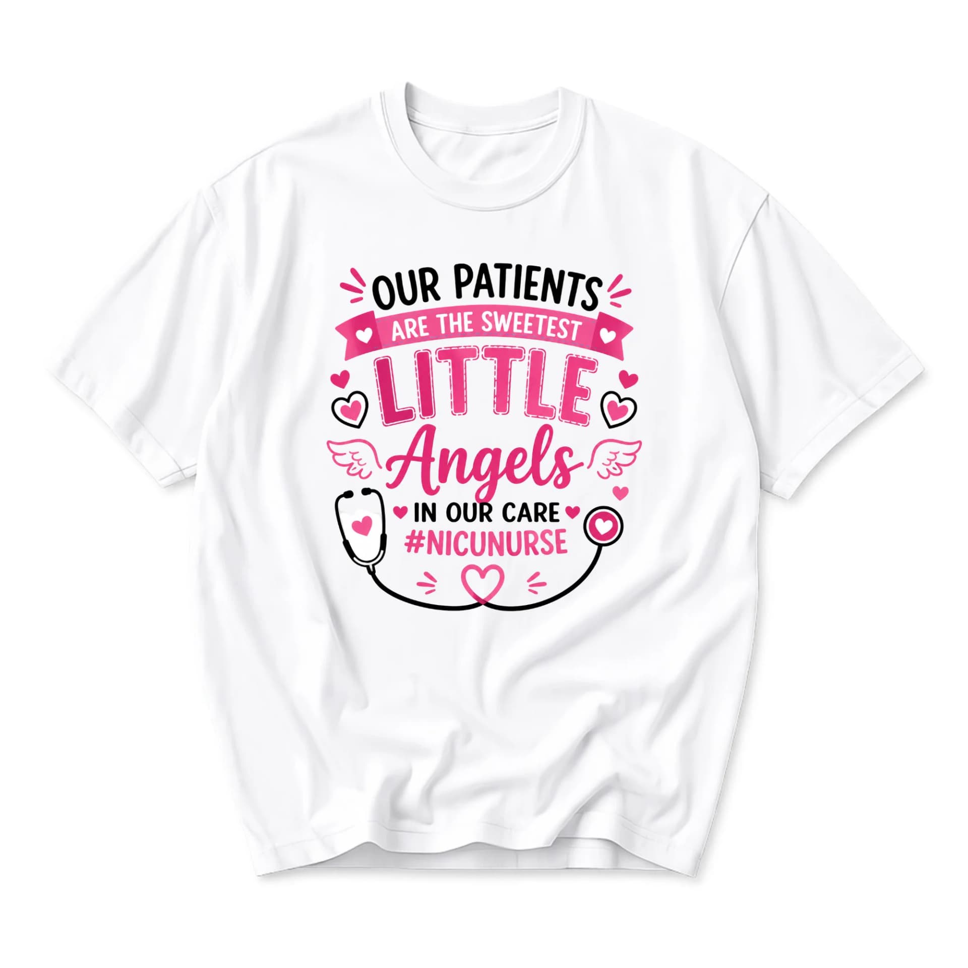 T-shirt Graphic Tee for Neonatal Intensive Care Nurse Featuring Cute Angel Wings and Stethoscope Design White Crew Neck