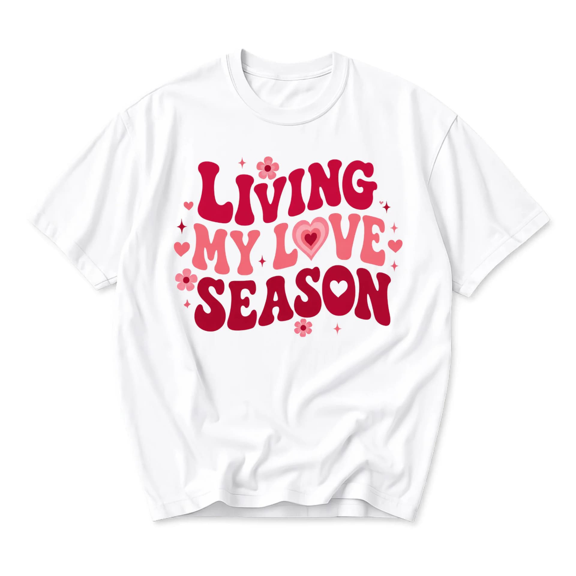 Graphic Tee Living My Love Season Shirt Retro Aesthetic Heart Flower Print Unisex Cotton Crew Neck Casual Summer Top