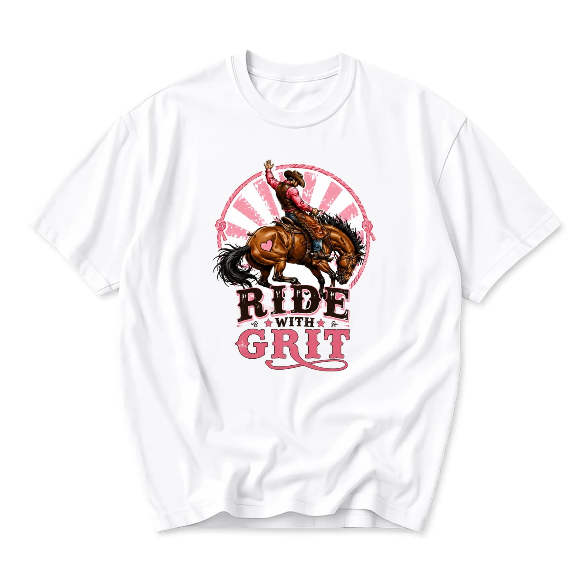 Graphic Tee Ride with Grit Cowboy Western Rodeo Art Unisex Casual Cotton Crew Neck Short Sleeve Top for Everyday Wear