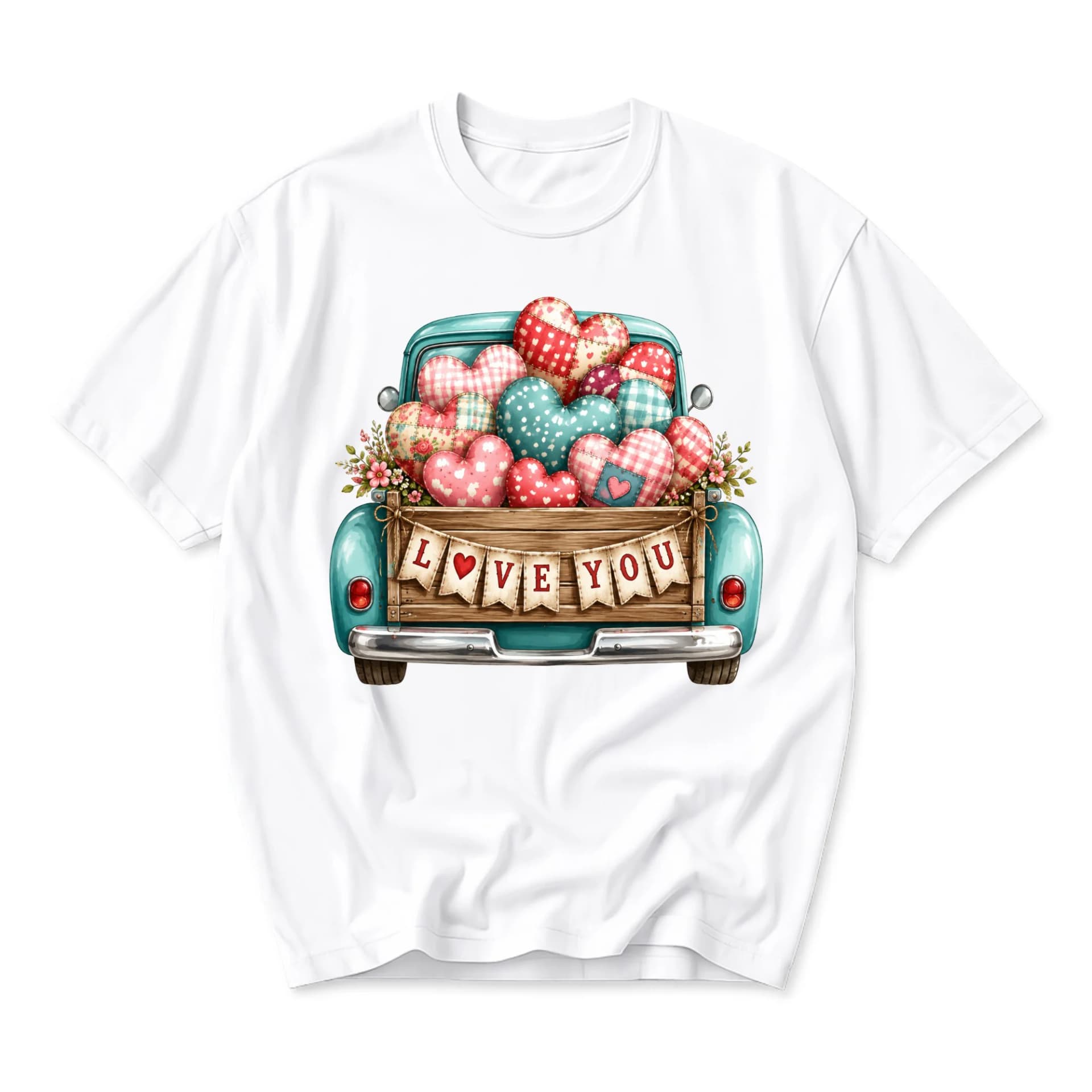 Graphic Tee Love You Vintage Truck Hearts Print Unisex Short Sleeve Crew Neck Cotton Casual Summer Everyday Shirt