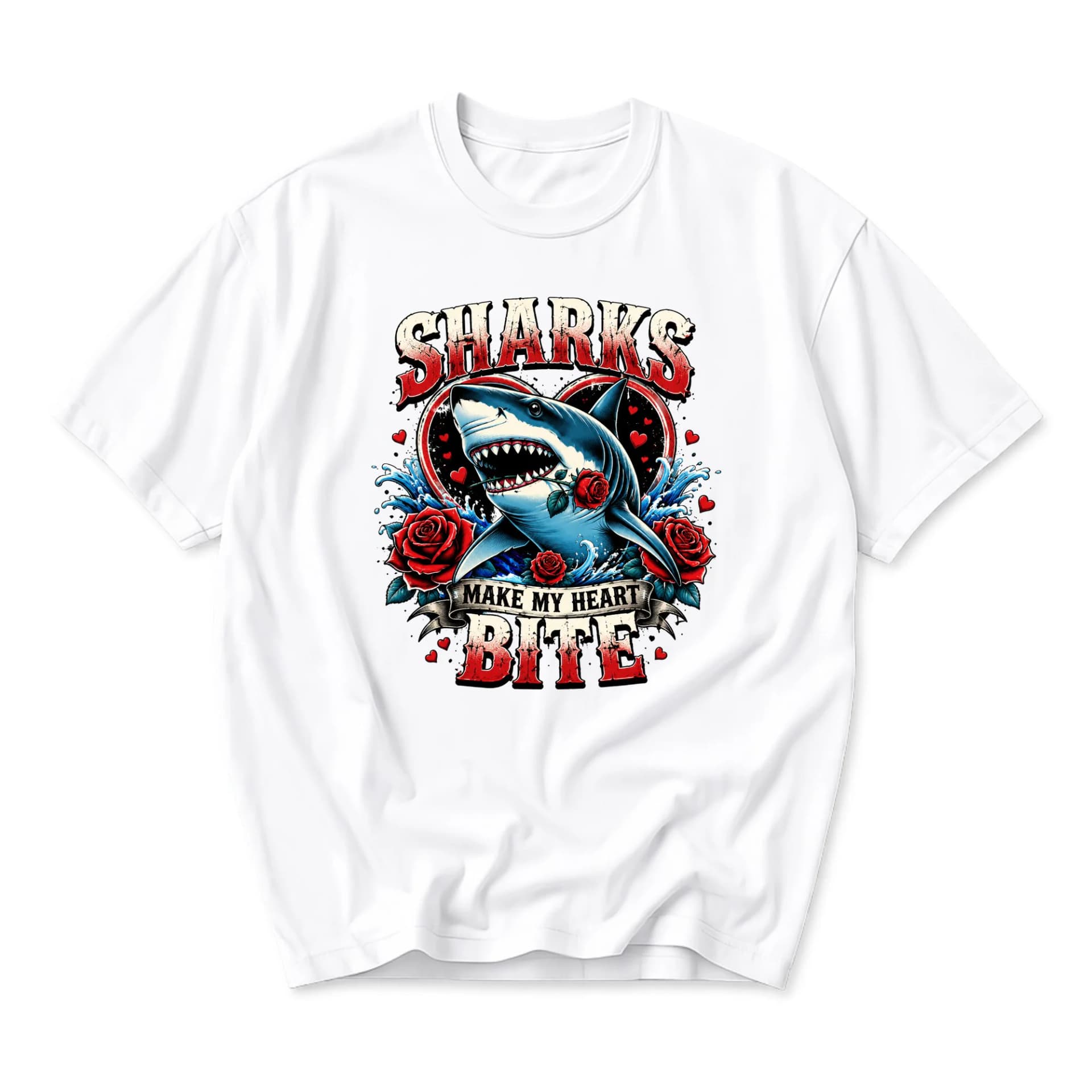 Graphic Tee Sharks Make My Heart Bite Unisex Crew Neck T-Shirt Casual Cotton Blend Everyday Wear Apparel White Large