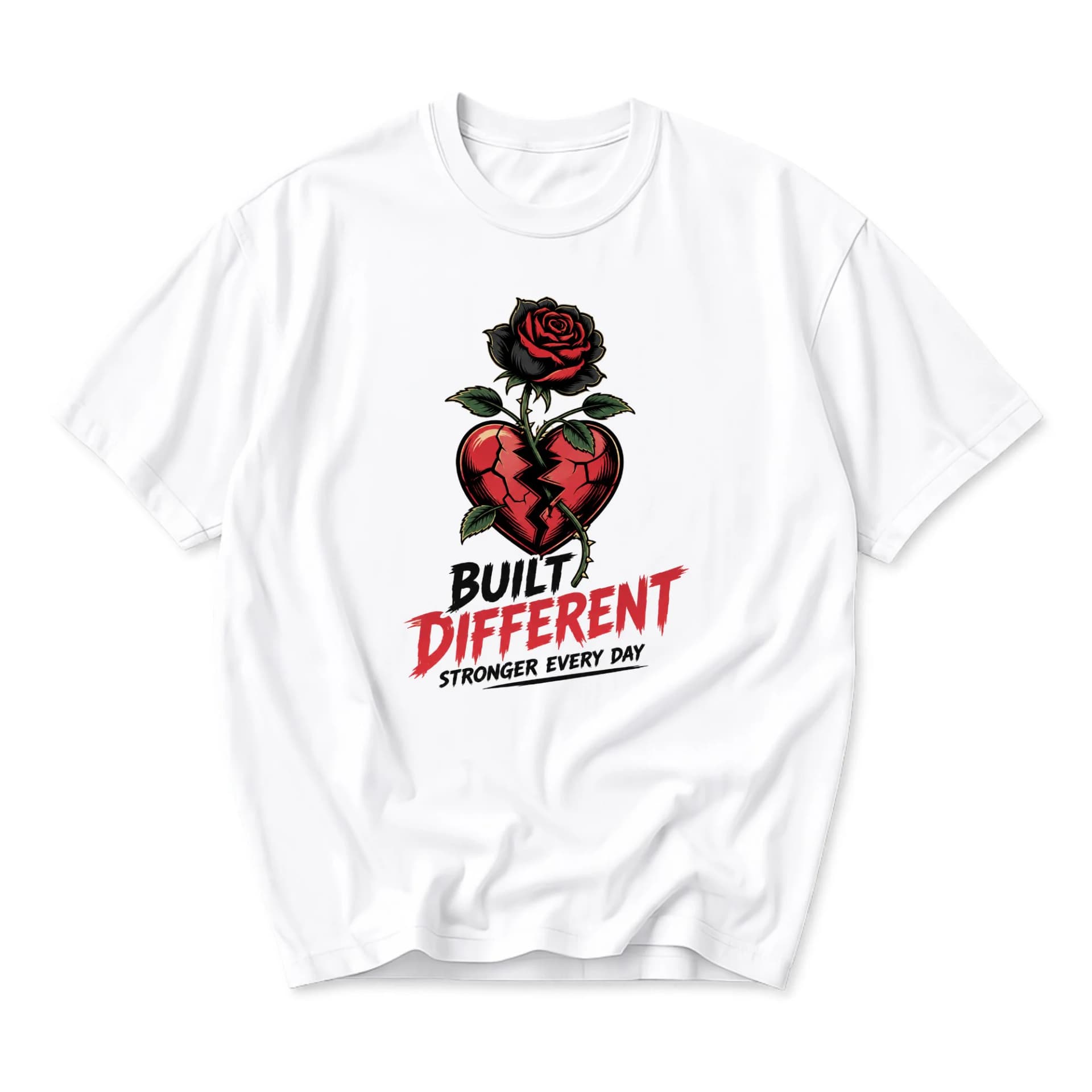 Graphic Tee Built Different Heart Rose Unisex Crew Neck Short Sleeve Shirt for Casual Wear and Everyday Style