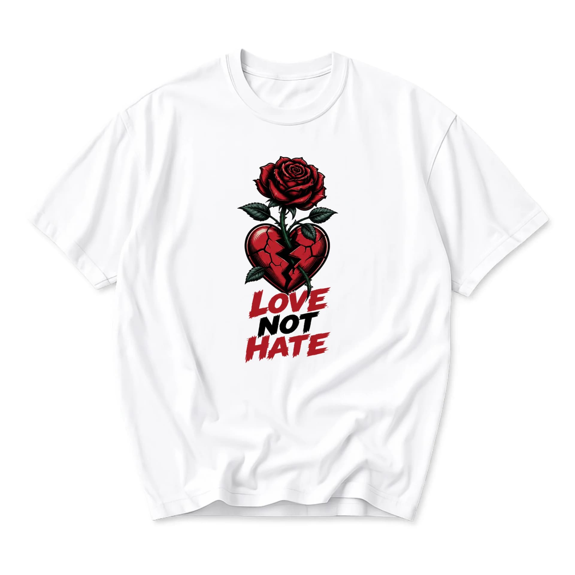 Graphic Tee Unisex Crew Neck Short Sleeve Shirt with Love Not Hate Red Rose and Broken Heart Artistic Back Print