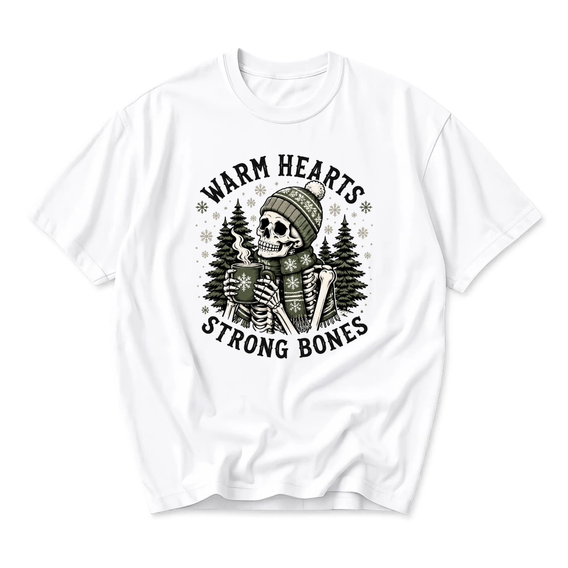 Graphic Tee Warm Hearts Strong Bones Skeleton Winter T-Shirt Comfortable Unisex Crew Neck Casual Everyday Shirt