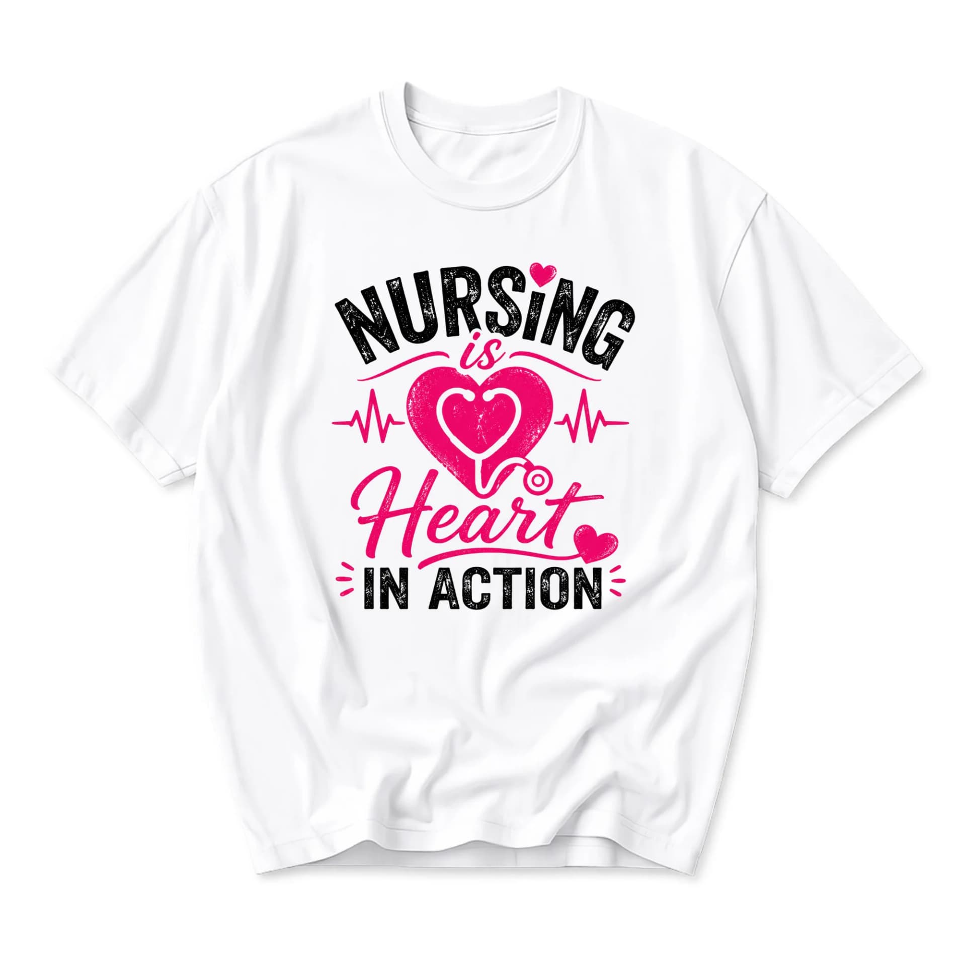 Graphic Tee Nursing Is Heart in Action Unisex Crew Neck T-Shirt for Healthcare Professionals and Medical Staff Apparel