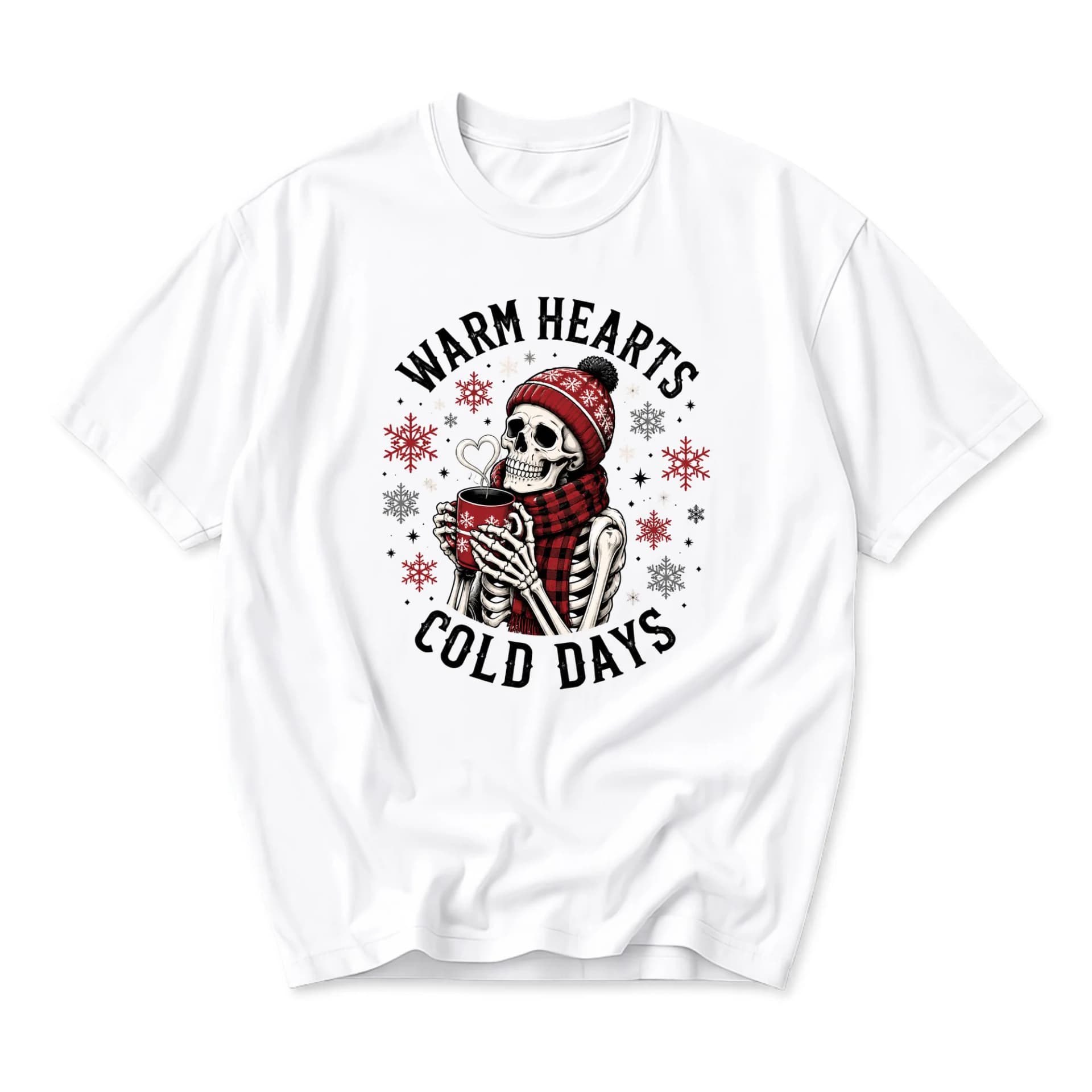 Graphic Tee Warm Hearts Cold Days Skeleton Drinking Hot Cocoa Winter Holiday Unisex Crew Neck Short Sleeve Shirt