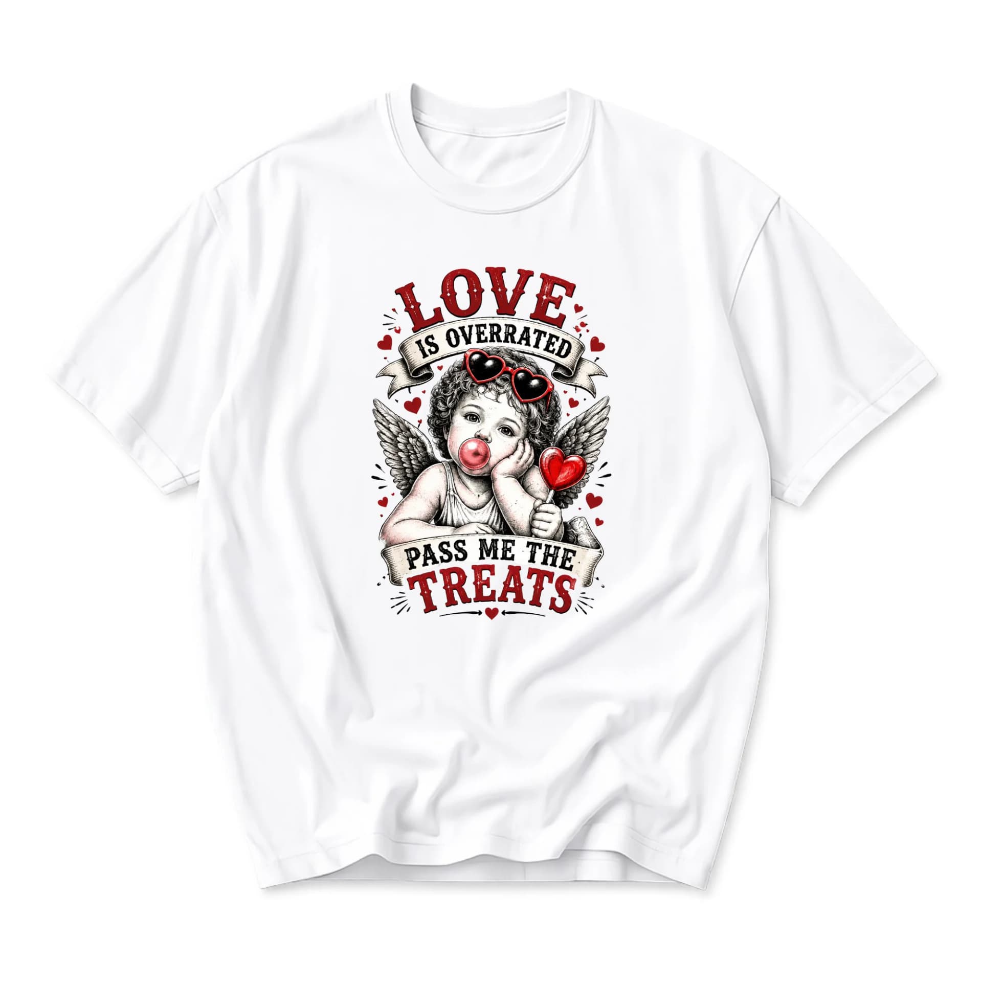 Funny Shirt Love Is Overrated Pass Me the Treats Graphic Tee Unisex Crew Neck Casual Cotton Blend Short Sleeve Top