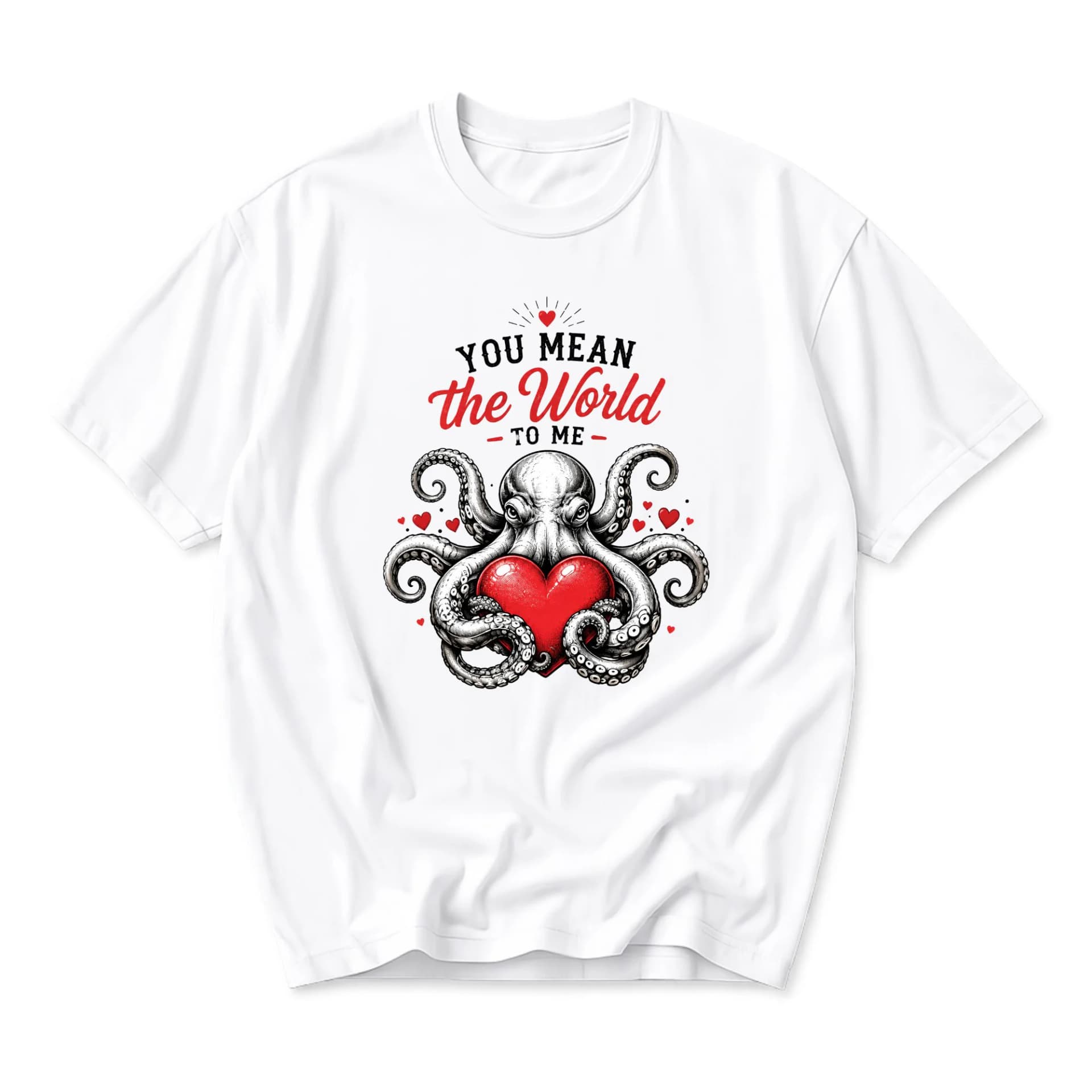 Graphic Tee You Mean the World to Me Octopus Holding Heart Design Casual Unisex Cotton Crew Neck Short Sleeve Shirt