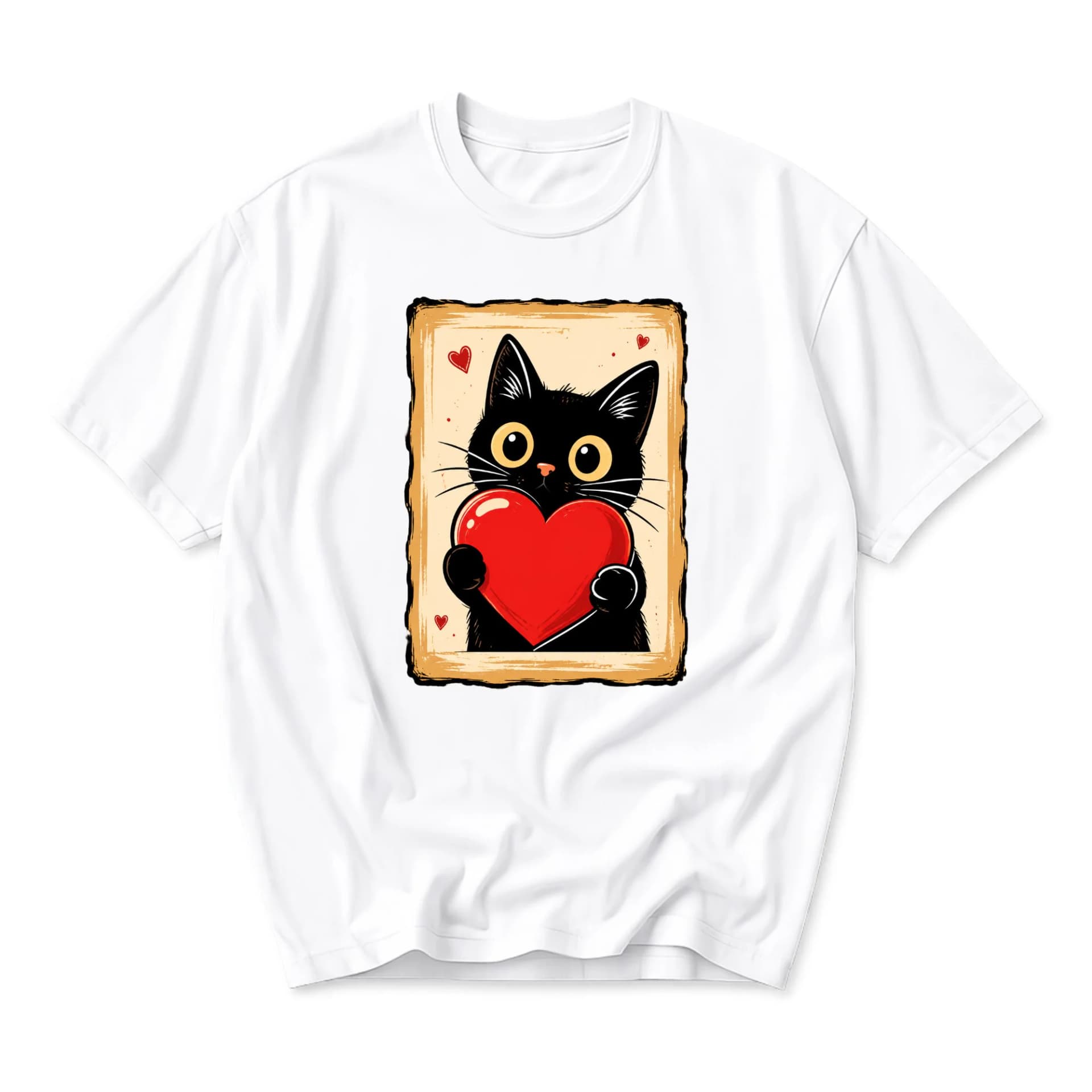 Graphic Tee Black Cat Holding Red Heart Illustration Casual Unisex Crew Neck Cotton Blend Printed T-Shirt