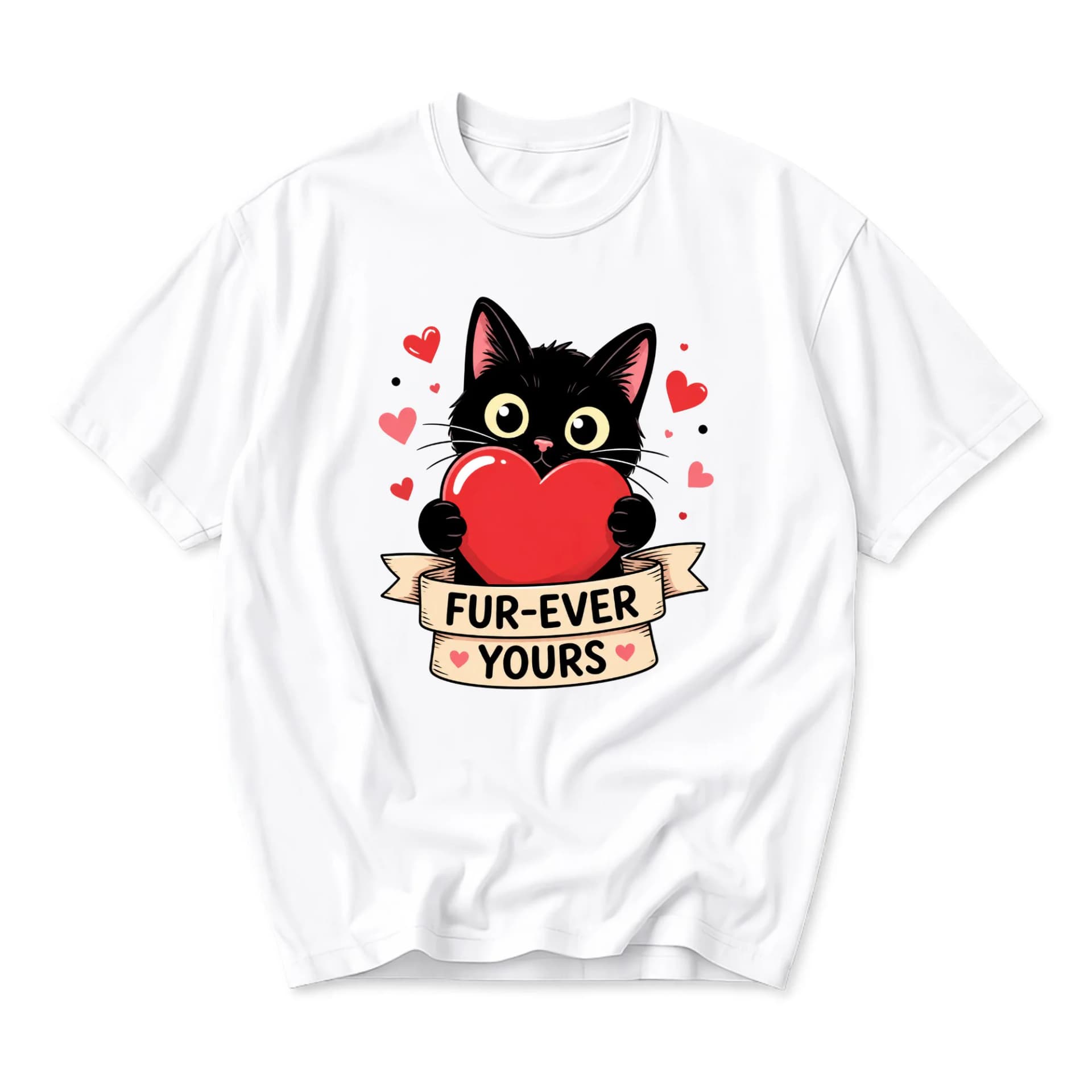 Graphic Tee Black Cat Fur-Ever Yours Heart Design Unisex Crew Neck Short Sleeve Casual Cotton Blend Shirt Top