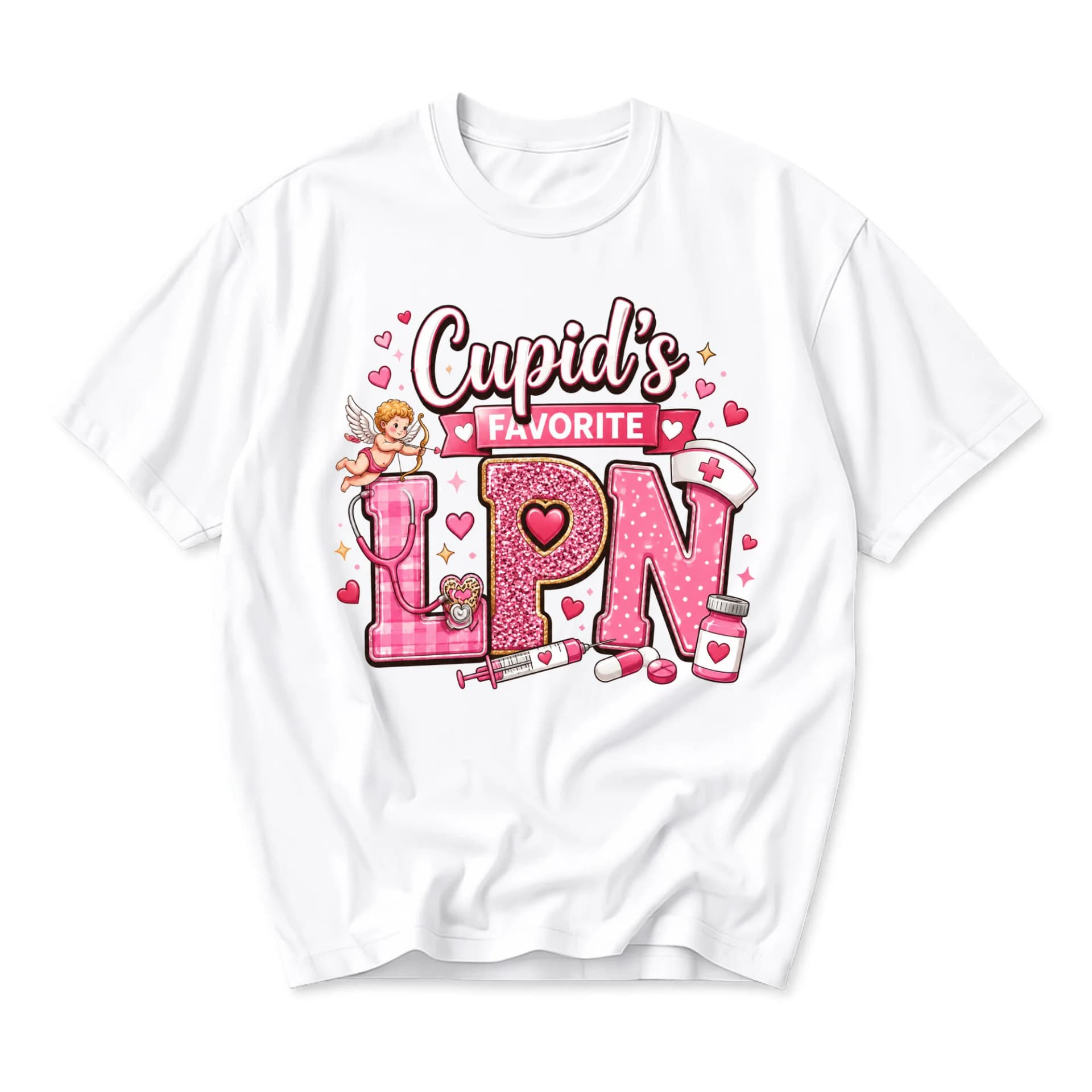 Graphic Tee Cupid's Favorite Lpn T-Shirt Licensed Practical Nurse Gift for Medical Professionals Pink Heart Design