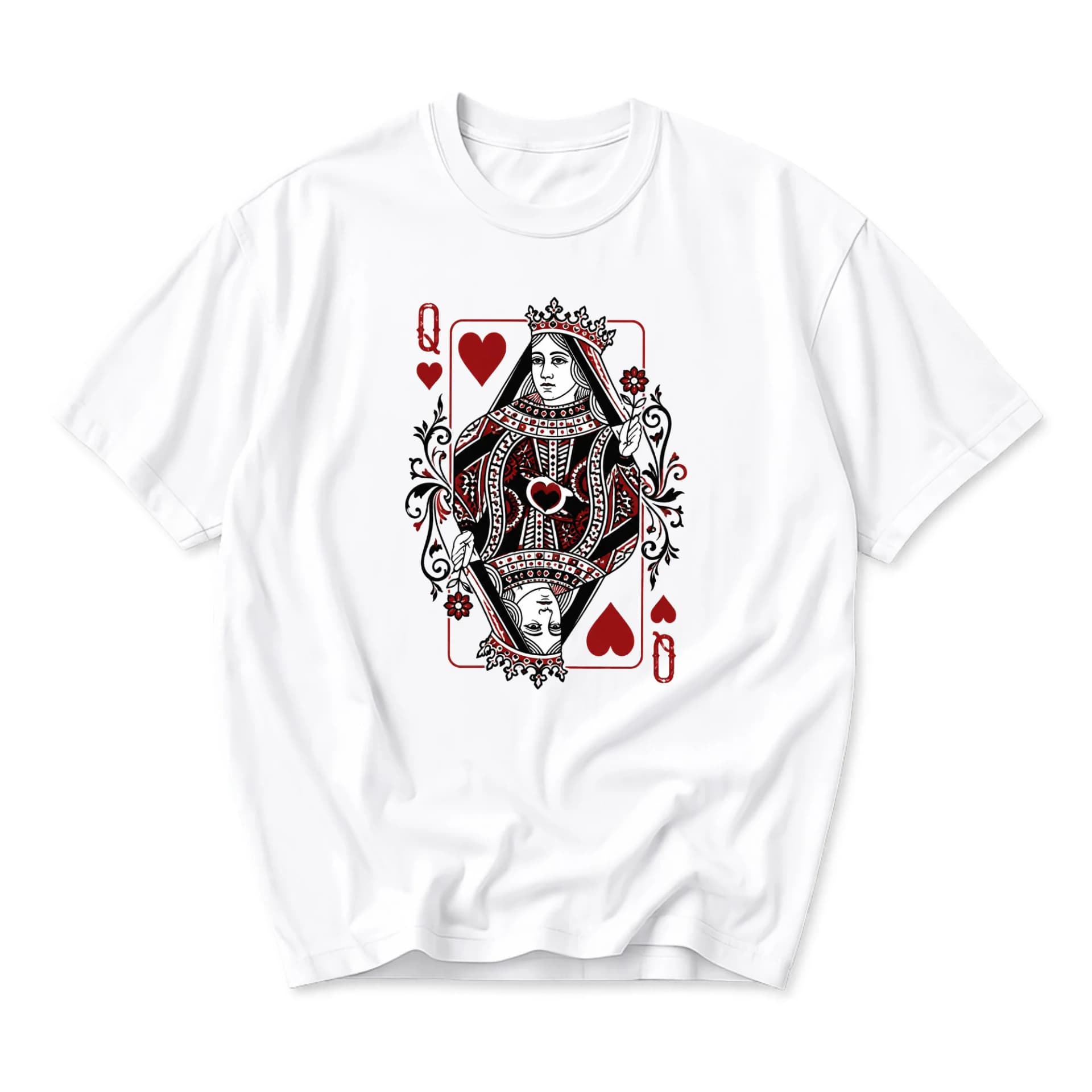 Graphic Tee Queen of Hearts Playing Card Design Unisex Casual Crew Neck T-Shirt for Everyday Style and Self Expression