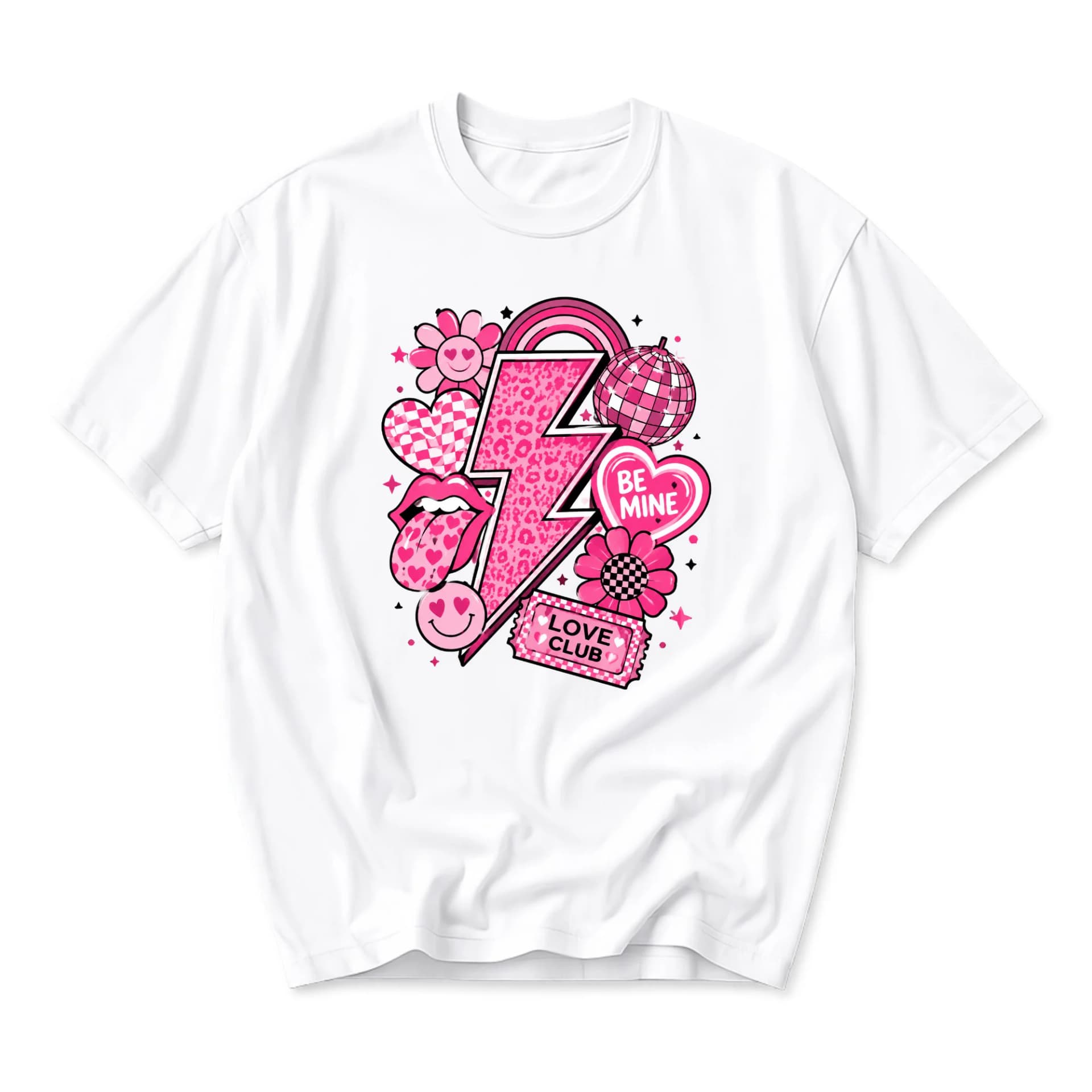 Graphic Tee Love Club Pink Aesthetic Lightning Bolt Disco Ball Heart Unisex Crew Neck Short Sleeve Casual Cotton Shirt
