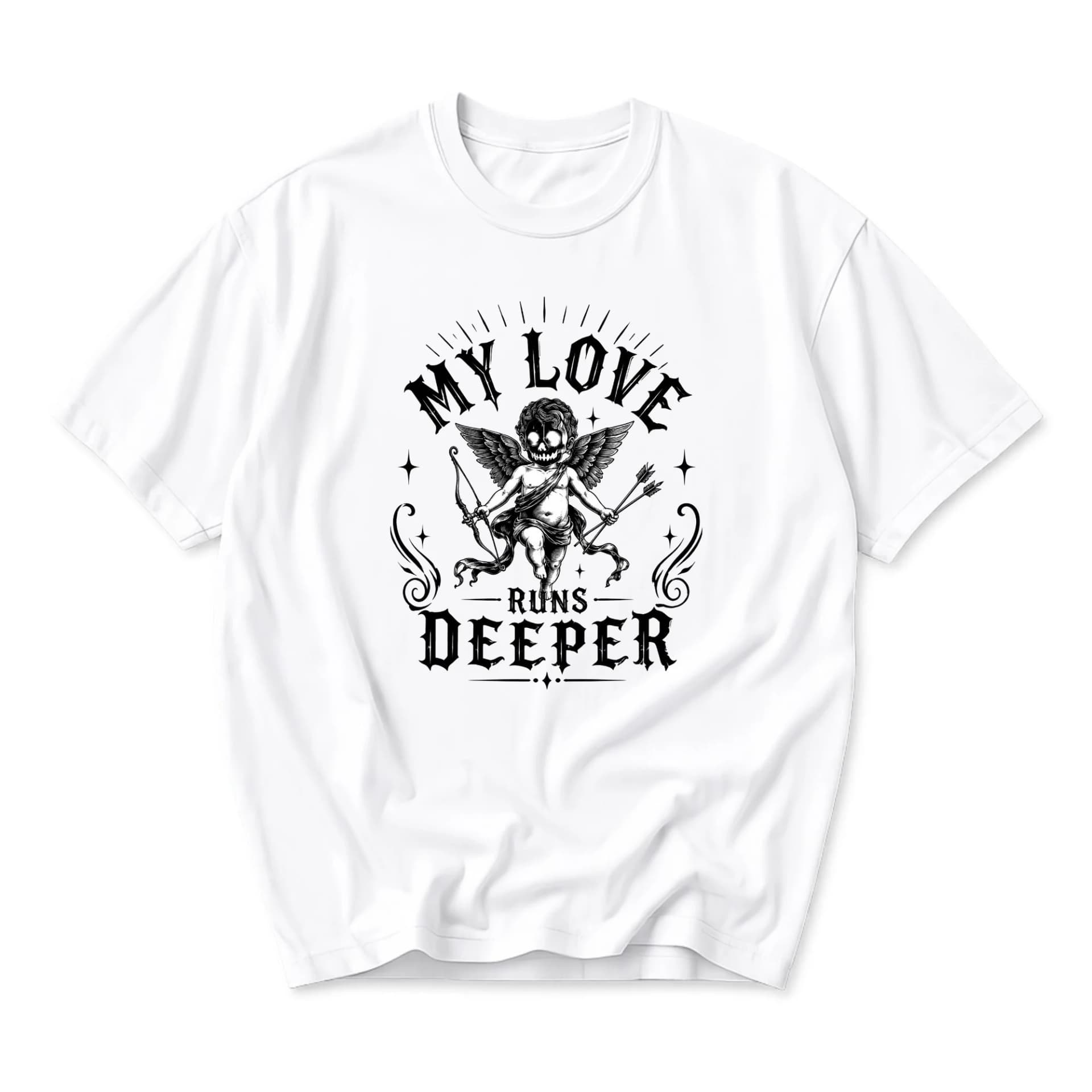 Graphic Tee My Love Runs Deeper Skull Cherub Cupid Print Unisex Crew Neck Casual Cotton Blend Short Sleeve Shirt