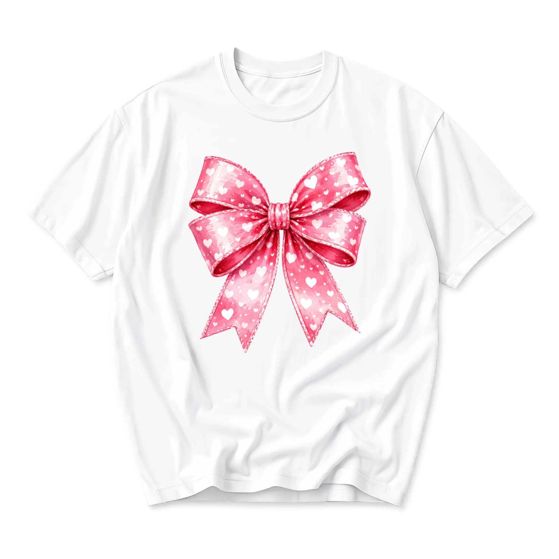 Graphic Tee Pink Ribbon Bow T-Shirt with White Hearts Print Cute Aesthetic Cotton Crew Neck Unisex Casual Top