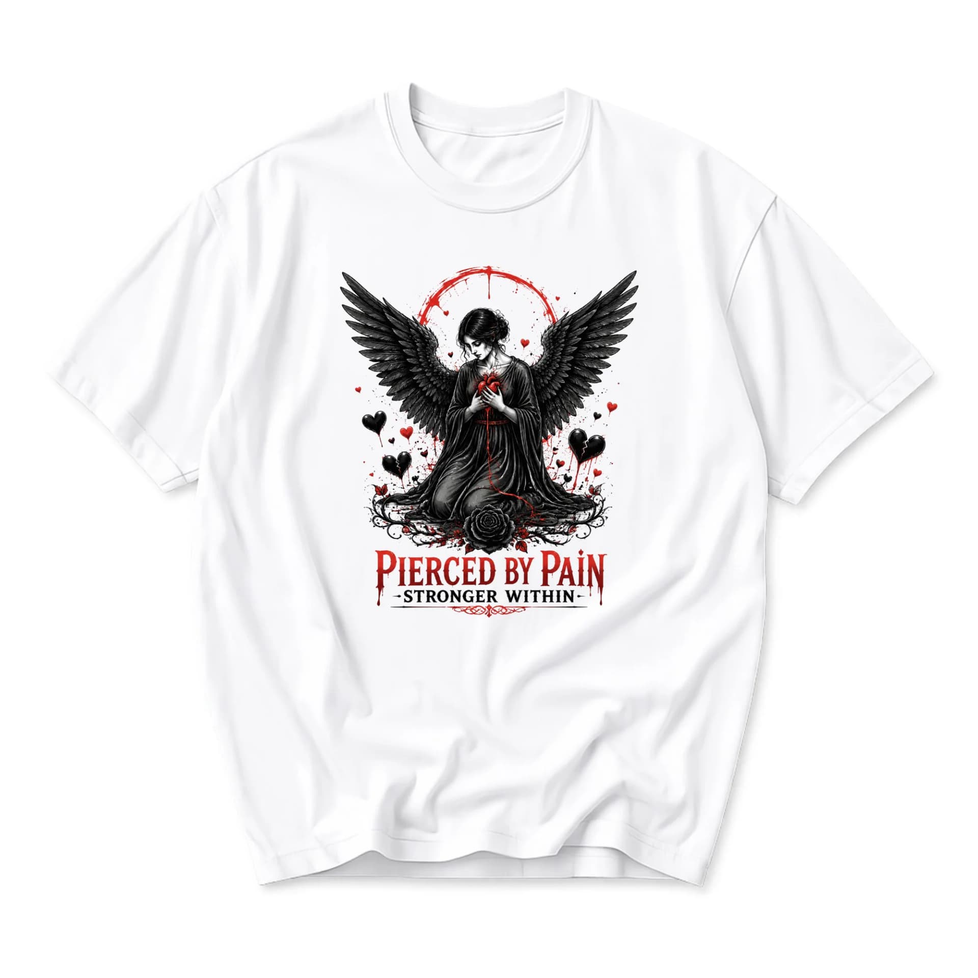 Graphic Tee Pierced by Pain Stronger Within Angel Wing Heart Art Unisex Short Sleeve Casual Crew Neck T-Shirt White