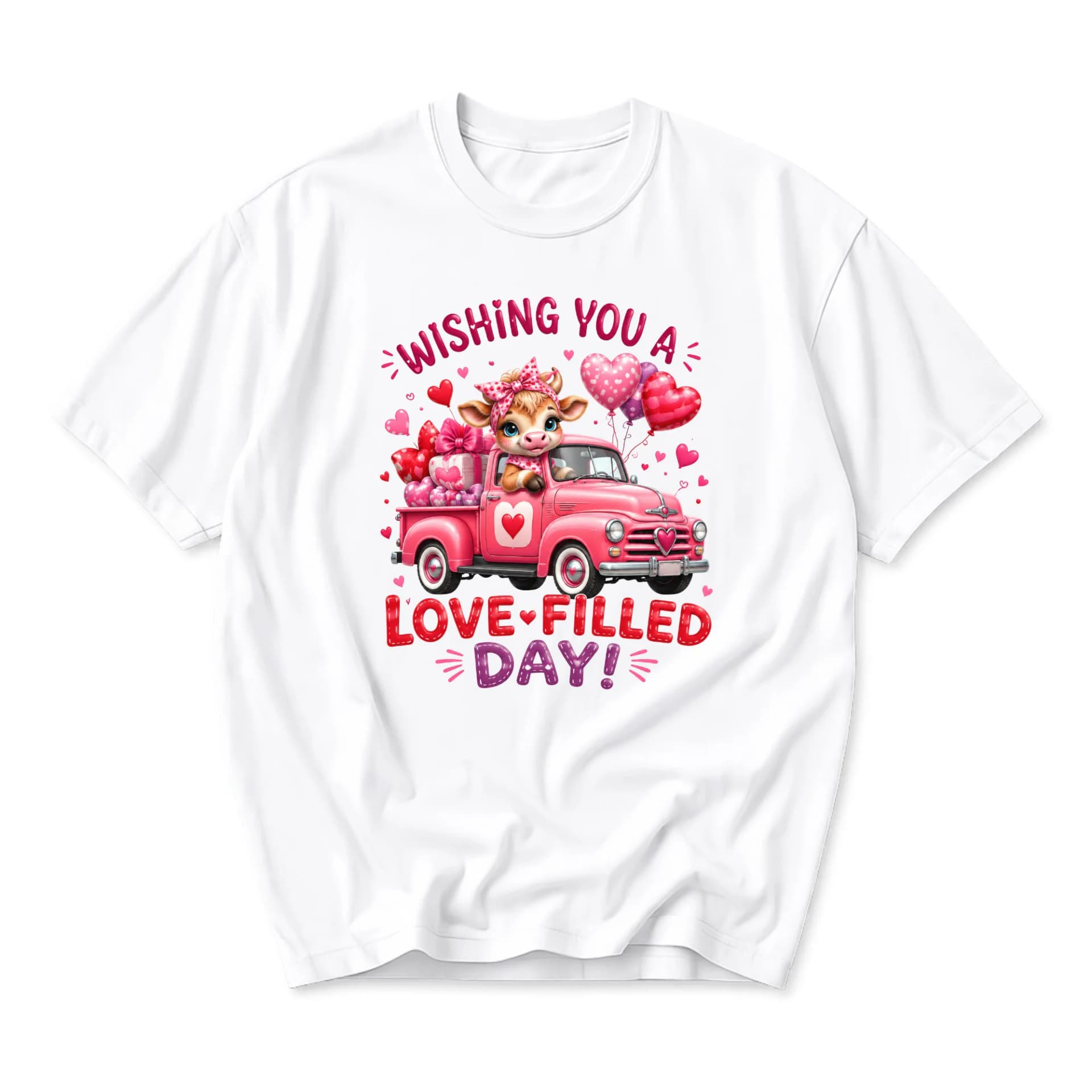 Graphic Tee Wishing You a Love Filled Day Cute Cow in Pink Truck Design Unisex Crew Neck Everyday Casual T-Shirt