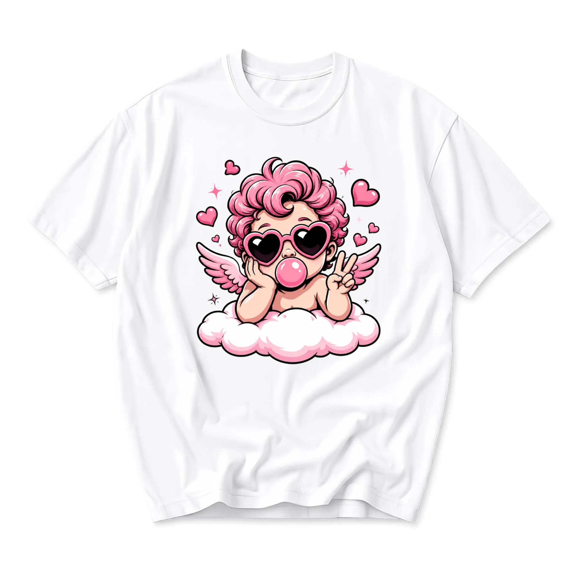 Graphic Tee Cupid Wearing Heart Sunglasses Blowing Bubble Gum Cartoon Illustration Unisex Casual Short Sleeve Shirt